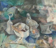 Natura morta, dipinto astratto a olio su tavola di John F. Johns