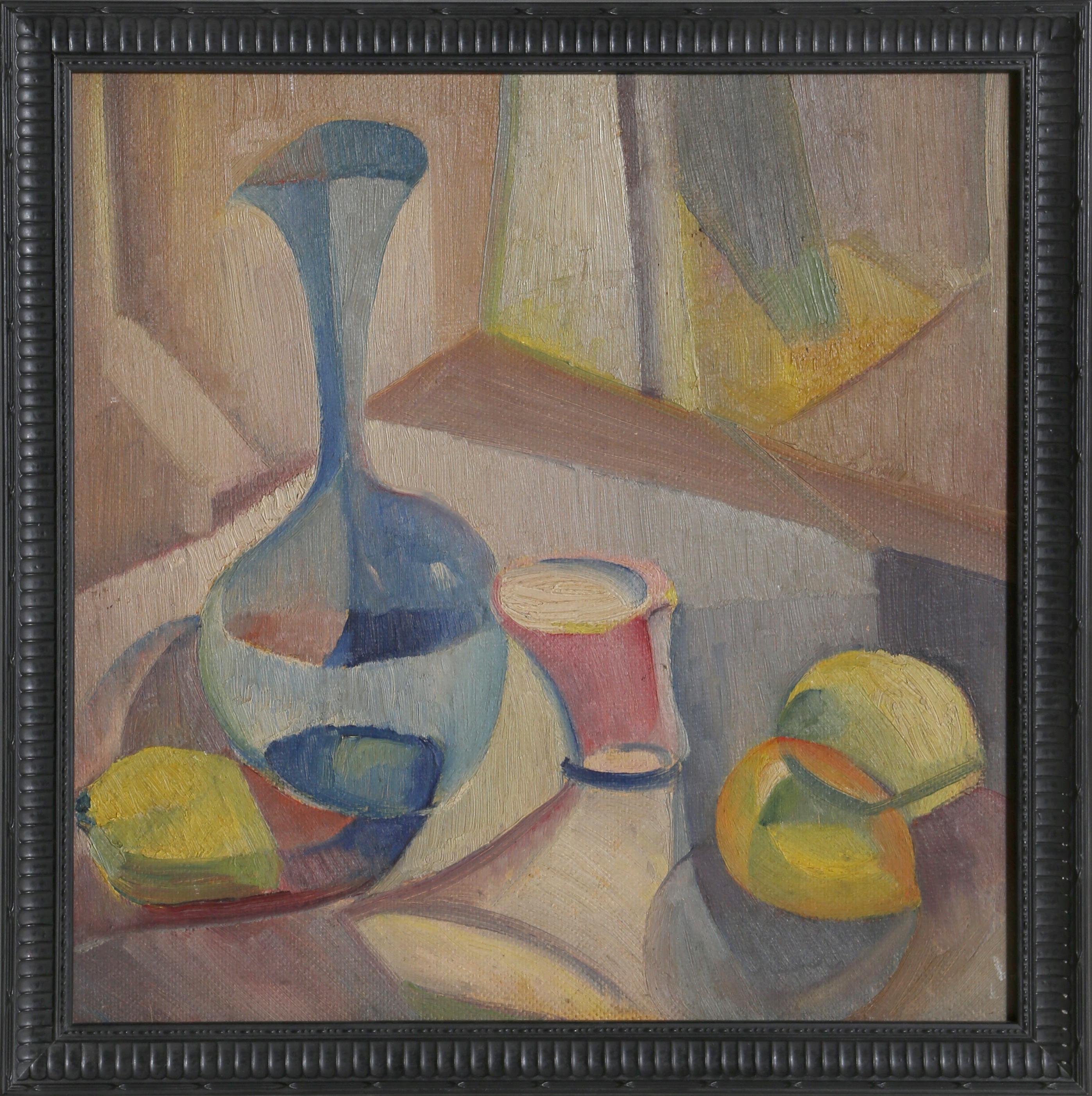 Still Life with Lemons, Cubist Oil on Board Painting by John F. Leonard