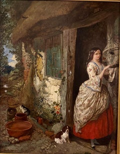 Donna vittoriana con cane, gatto e uccello davanti alla porta di un cottage di paglia in un paesaggio inglese