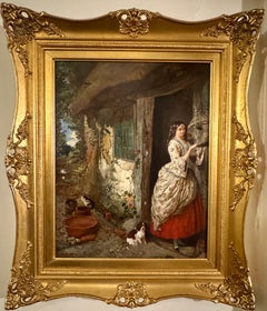 Victorian woman with dog, cat, bird by thatch cottage door in English landscape