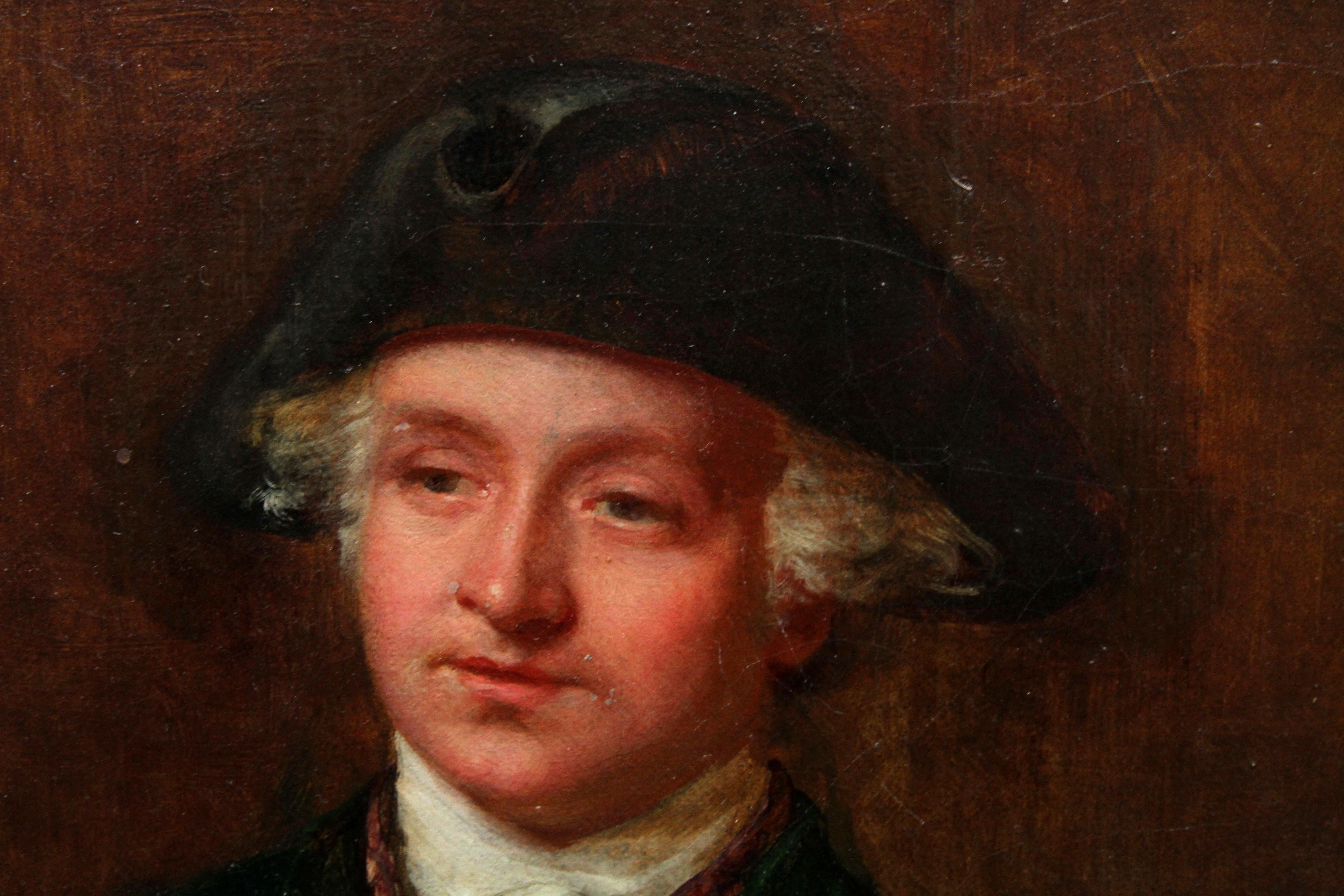 Sir Joshua Reynolds Visiting Goldsmith in Study- Exhibited British Victorian art - Brown Interior Painting by John Faed