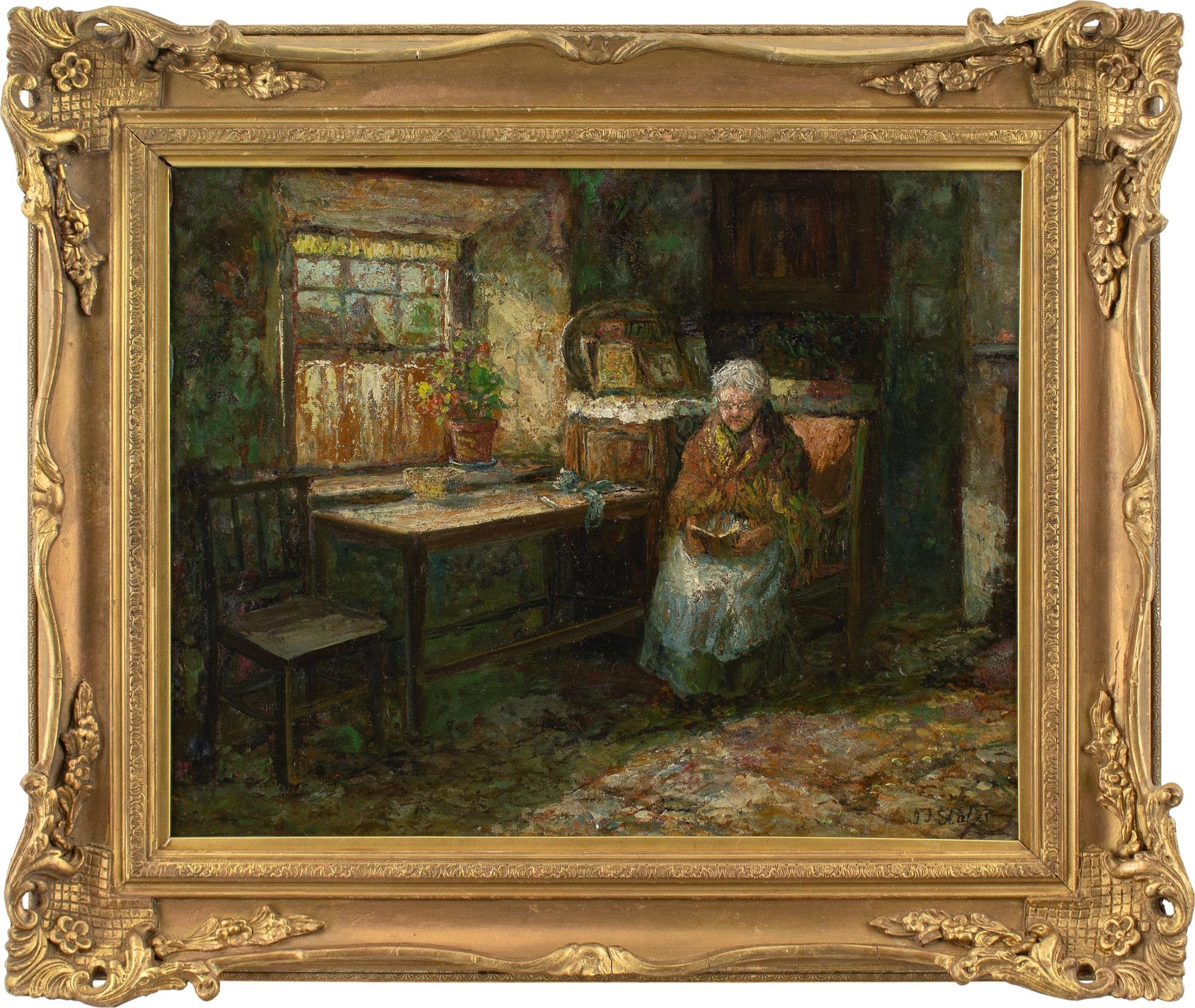 Questo dipinto a olio dei primi del Novecento dell'artista inglese John Falconar Slater (1857-1937) raffigura un interno di un cottage rustico con un'anziana signora che legge. Slater era un affermato pittore di paesaggi, paesaggi marini e scene di