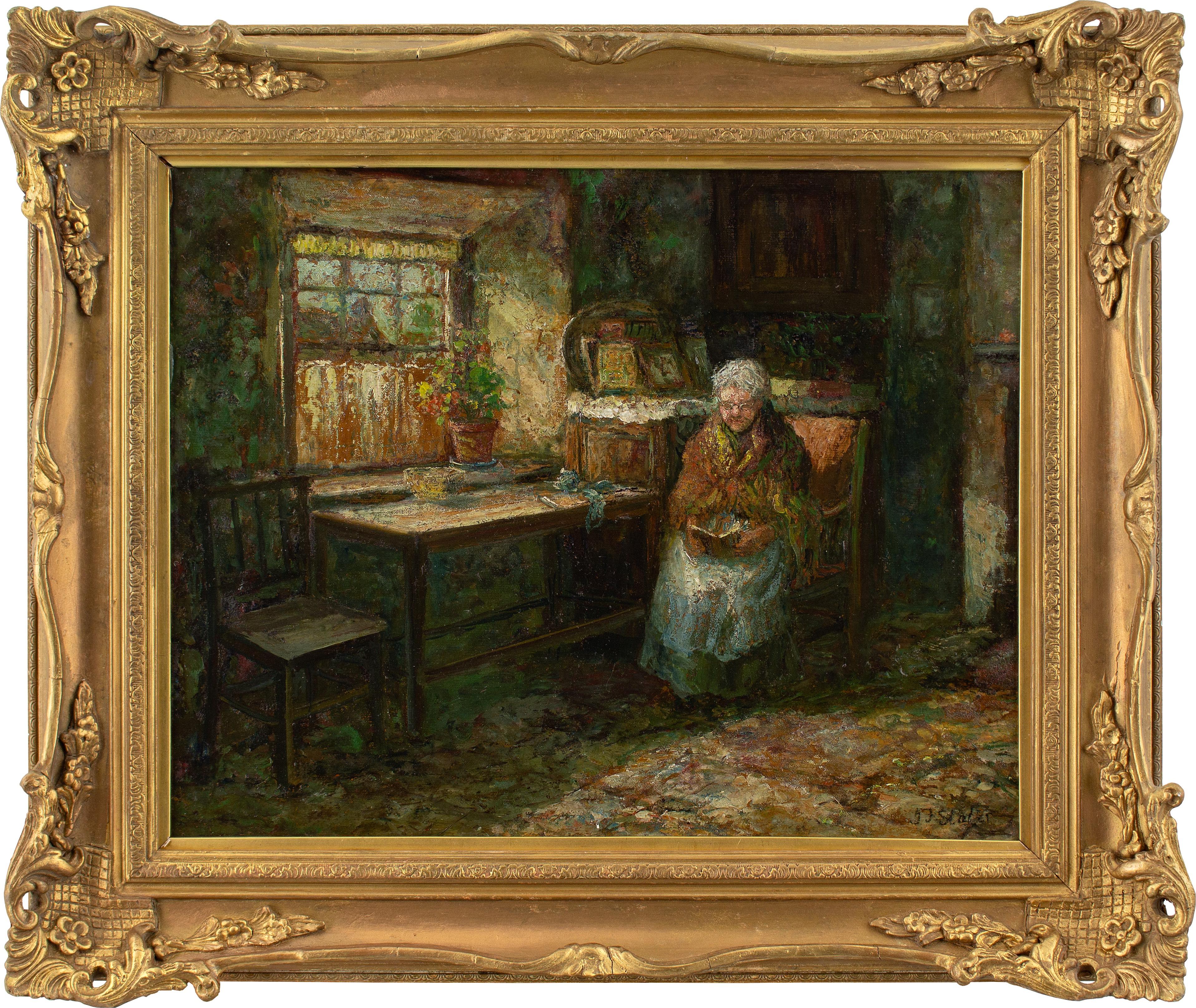 Cette peinture à l
huile du début du XXe siècle de l
artiste anglais John Falconar Slater (1857-1937) représente un intérieur de cottage rustique avec une dame âgée en train de lire. Slater était un peintre accompli, exposé à la Royal Academy, qui