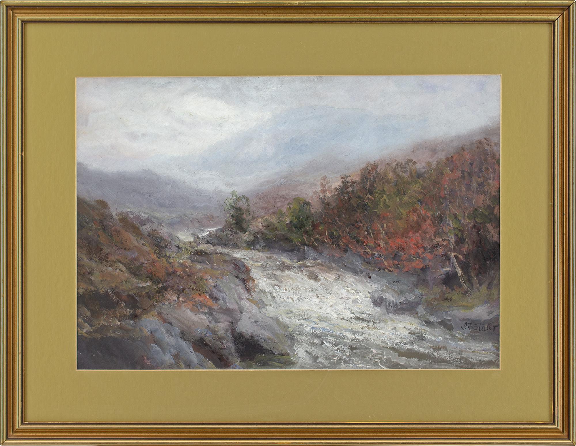 Cette robuste gouache du début du XXe siècle de l'artiste britannique John Falconar Slater (1857-1937) représente des eaux vives rapides au milieu d'un paysage de hautes terres dans le Northumberland, en Angleterre.

L'écume féroce d'une rivière en