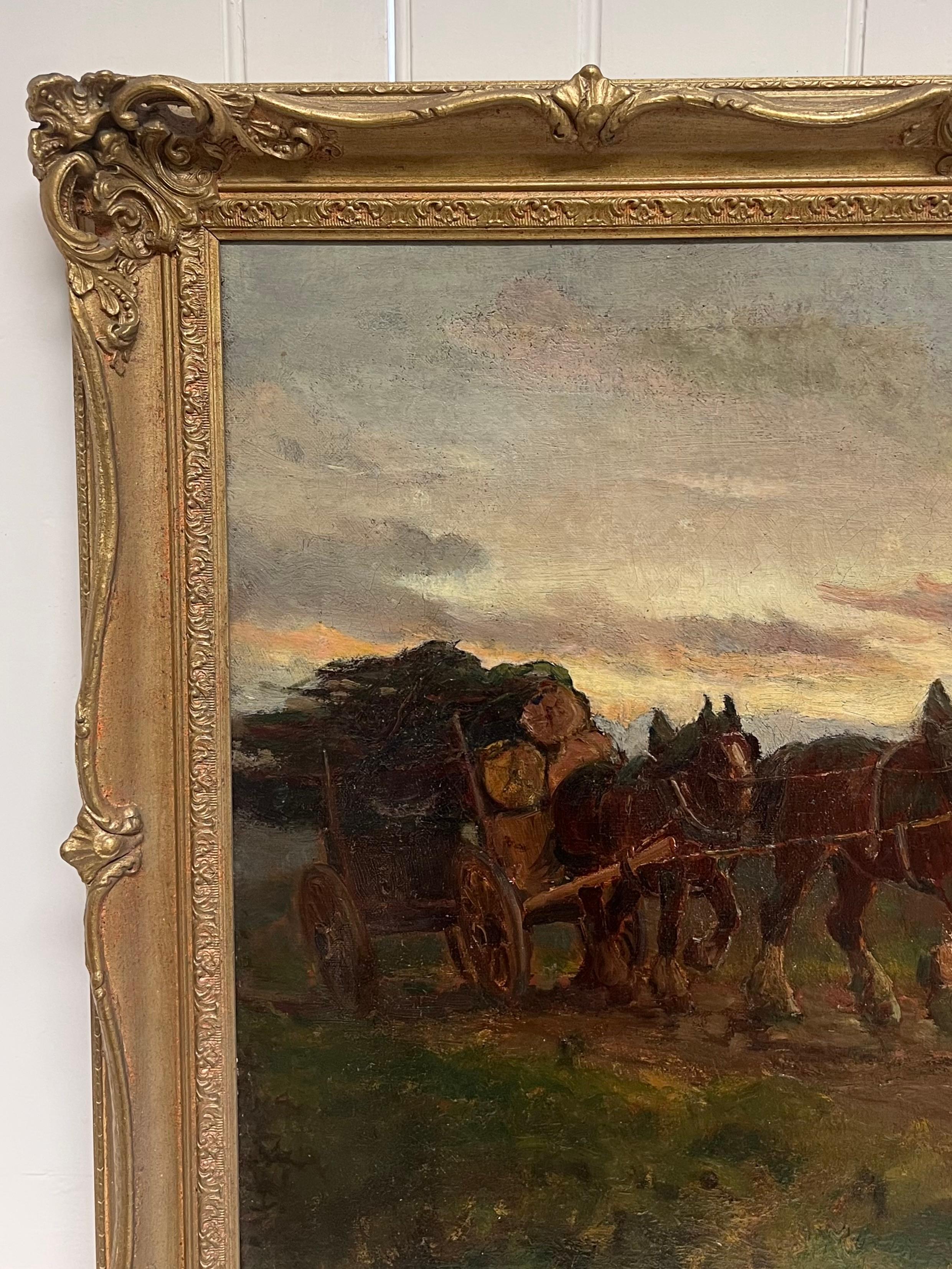 The Logging Team Horses Pulling Timber Cart Large Antique English Oil Painting For Sale 9