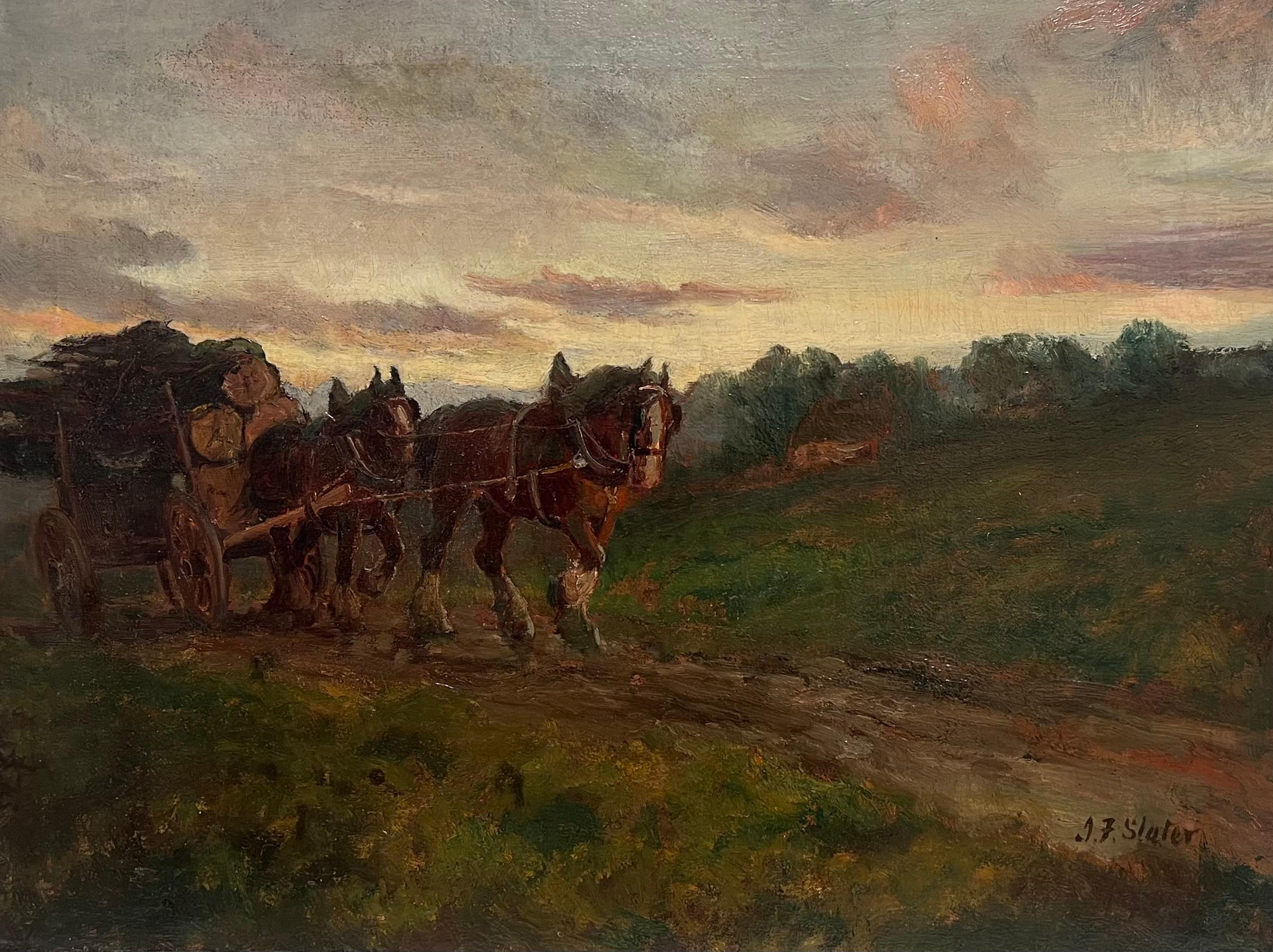 The Logging Team Horses Pulling Timber Cart Large Antique English Oil Painting - Black Landscape Painting by John Falconar Slater