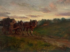 Die Logging Team Pferde ziehen Holz Wagen große antike englische Ölgemälde