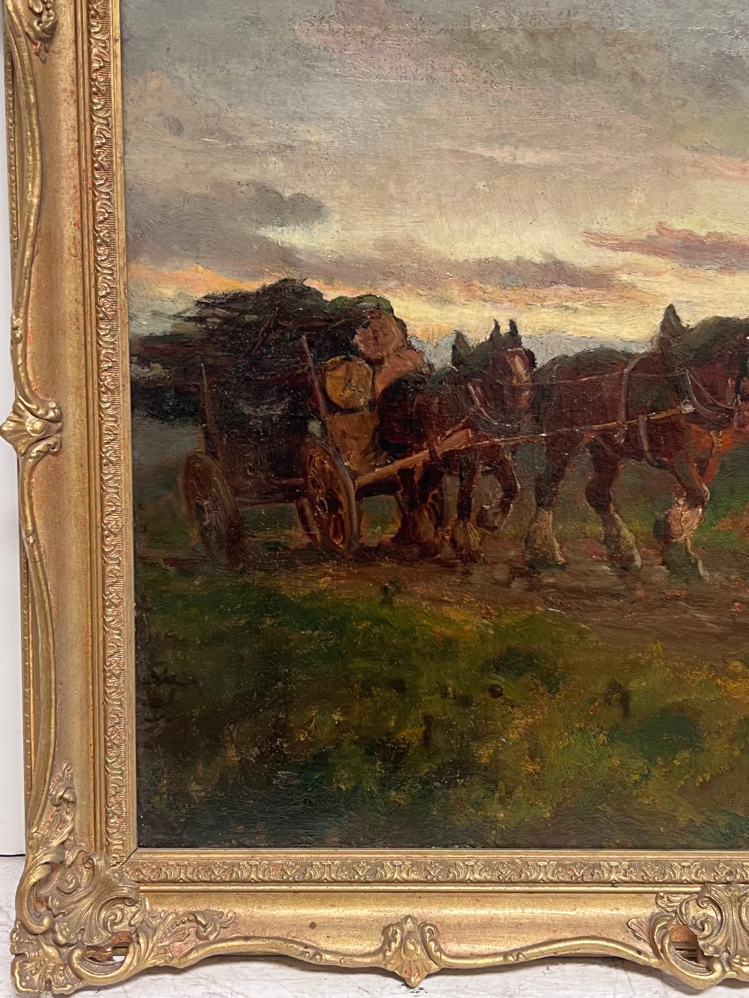 The Logging Team Horses Pulling Timber Cart Large Antique English Oil Painting For Sale 2