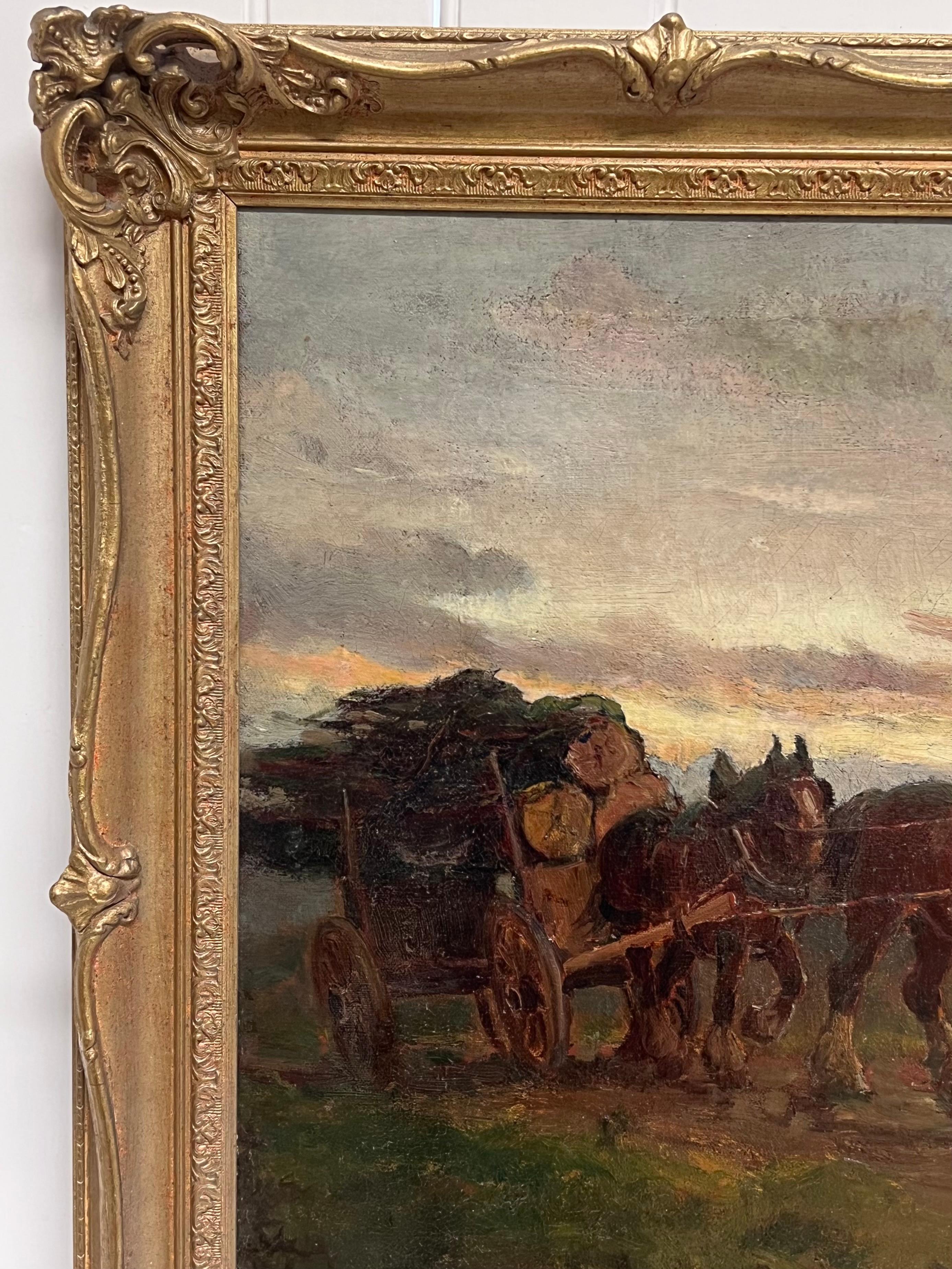 The Logging Team Horses Pulling Timber Cart Large Antique English Oil Painting For Sale 3
