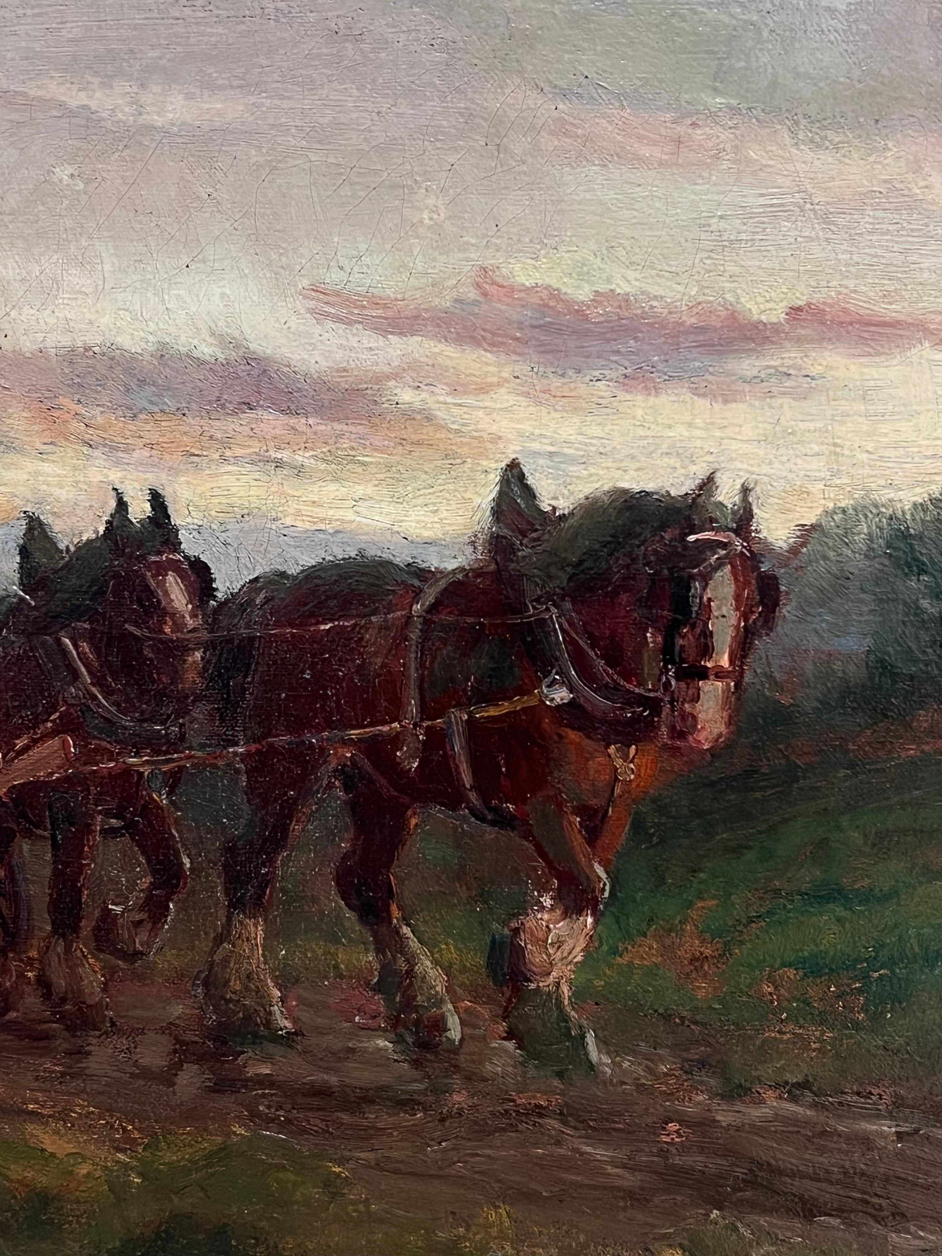 The Logging Team Horses Pulling Timber Cart Large Antique English Oil Painting For Sale 4