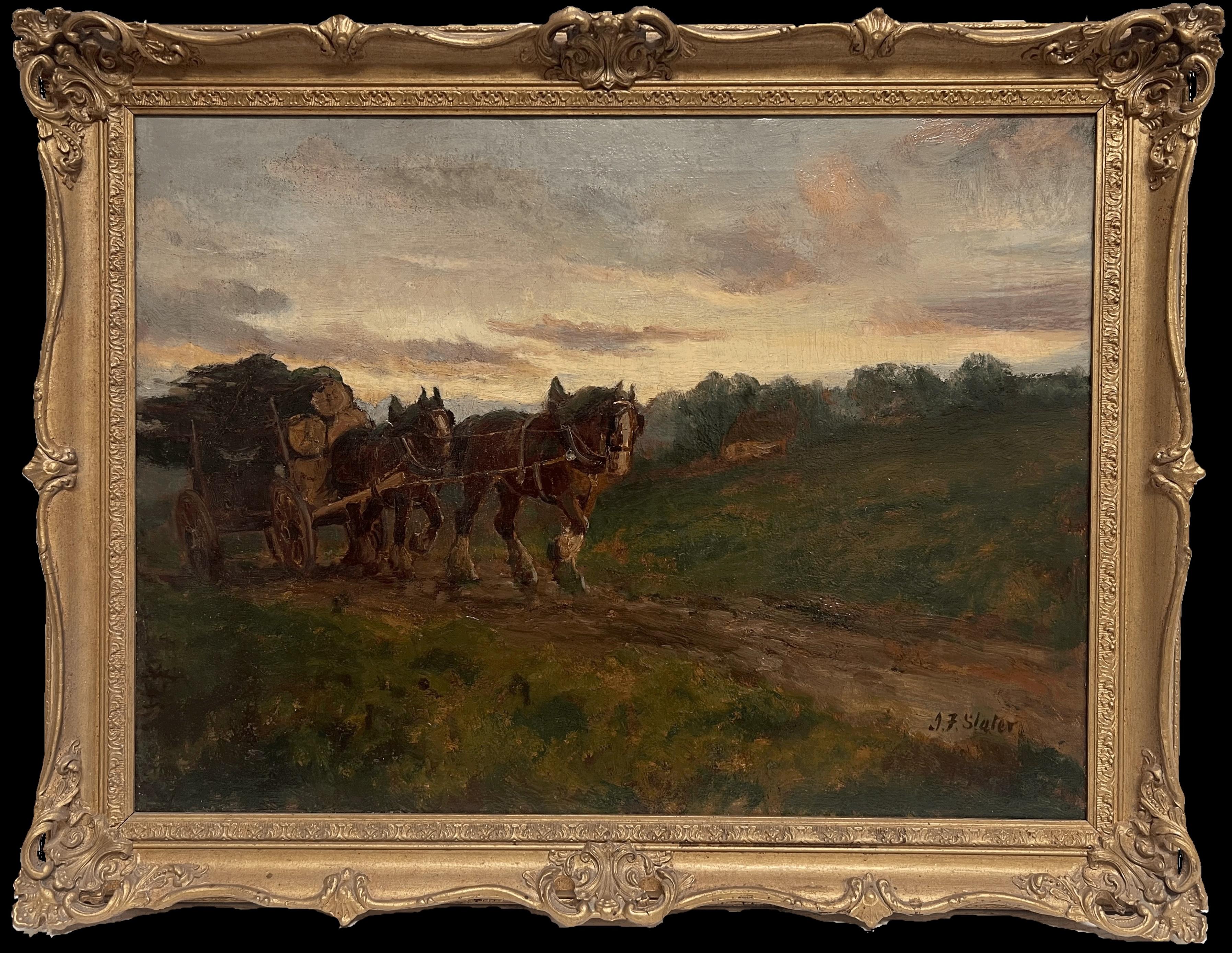 John Falconar Slater Landscape Painting - The Logging Team Horses Pulling Timber Cart Large Antique English Oil Painting