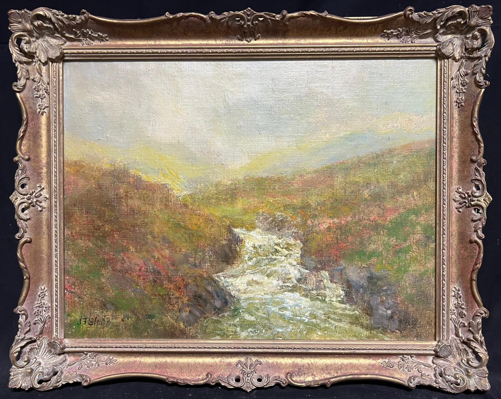 Landscape Painting di JOHN FALCONER SLATER (1857-1937) - Ruscello che scorre attraverso la valle degli altipiani nebbiosi Pittura ad olio Artista rispettato