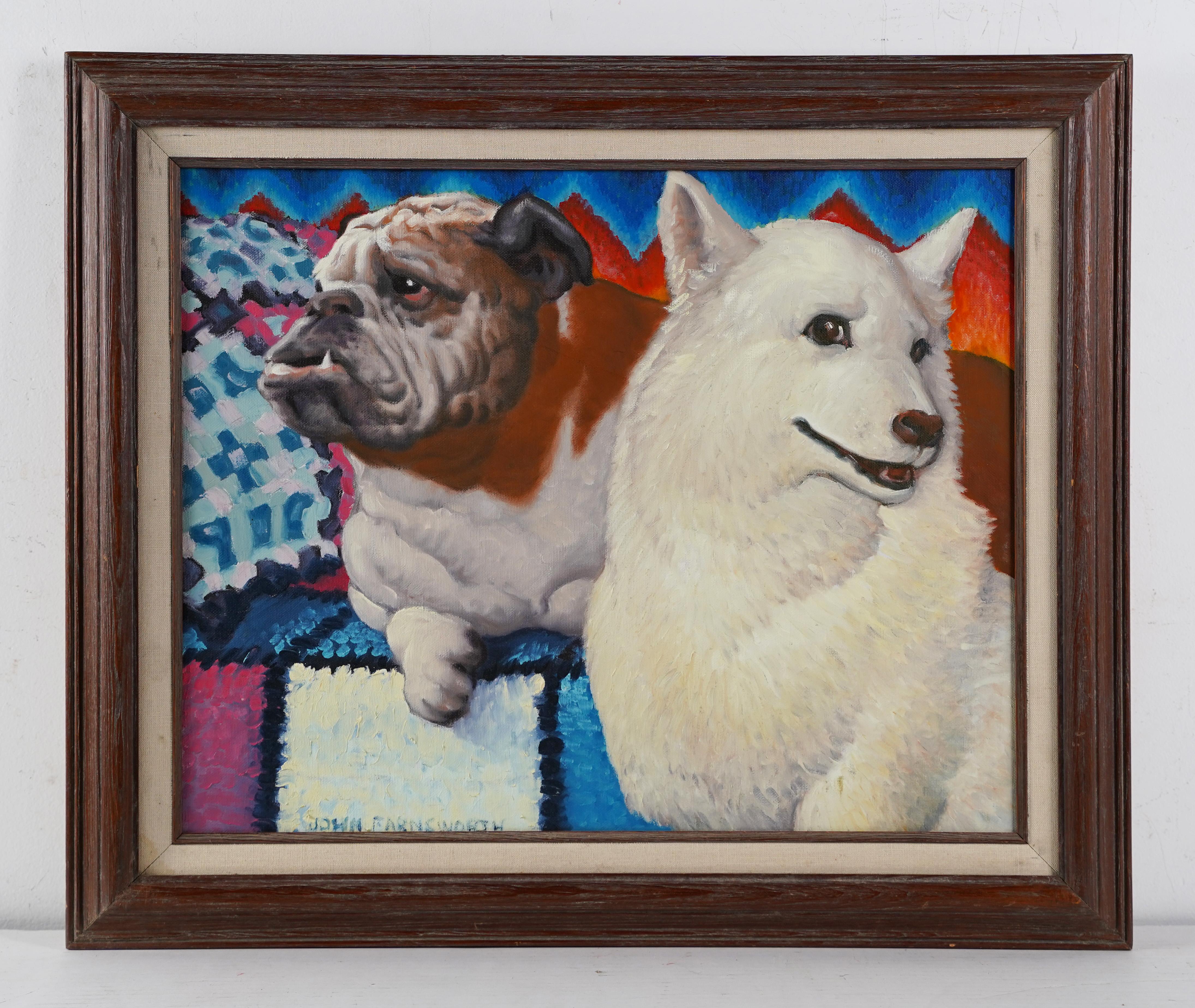 Amerikanische Moderne, signiertes Ölgemälde, Bulldogge, Tierporträt, Vintage (Schwarz), Abstract Painting, von John Farnsworth