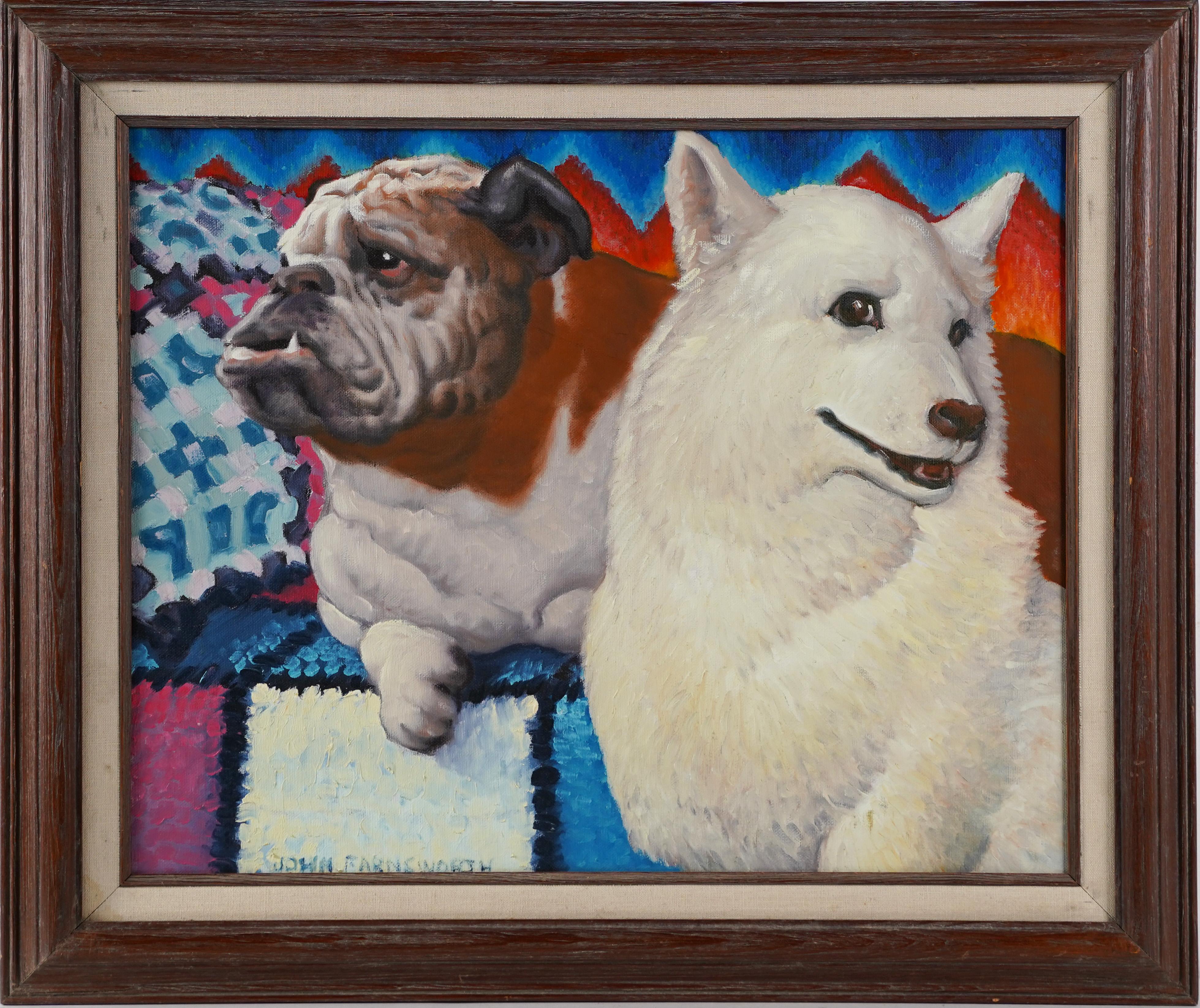 John Farnsworth Abstract Painting - Vintage American Modernist Pop Art Bulldog Animal Portrait Signed Oil Painting