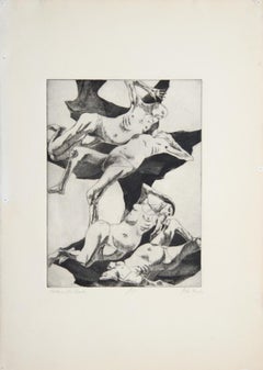 « Baigneuses sur un rocher », gravure et aquatinte surréalistes signées par John Fenton