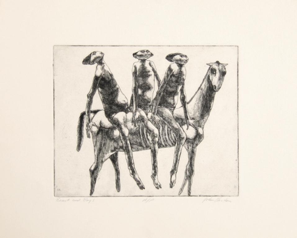 « Beast and Boys », gravure sur cuivre et aquatinte surréaliste signée par John Fenton