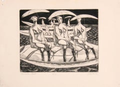 Umbrella Boats, Signed Surrealist Etching with Aquatint by John Fenton