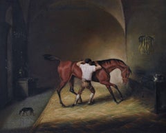19th Century sporting animal oil painting of a horse & groom in a stable