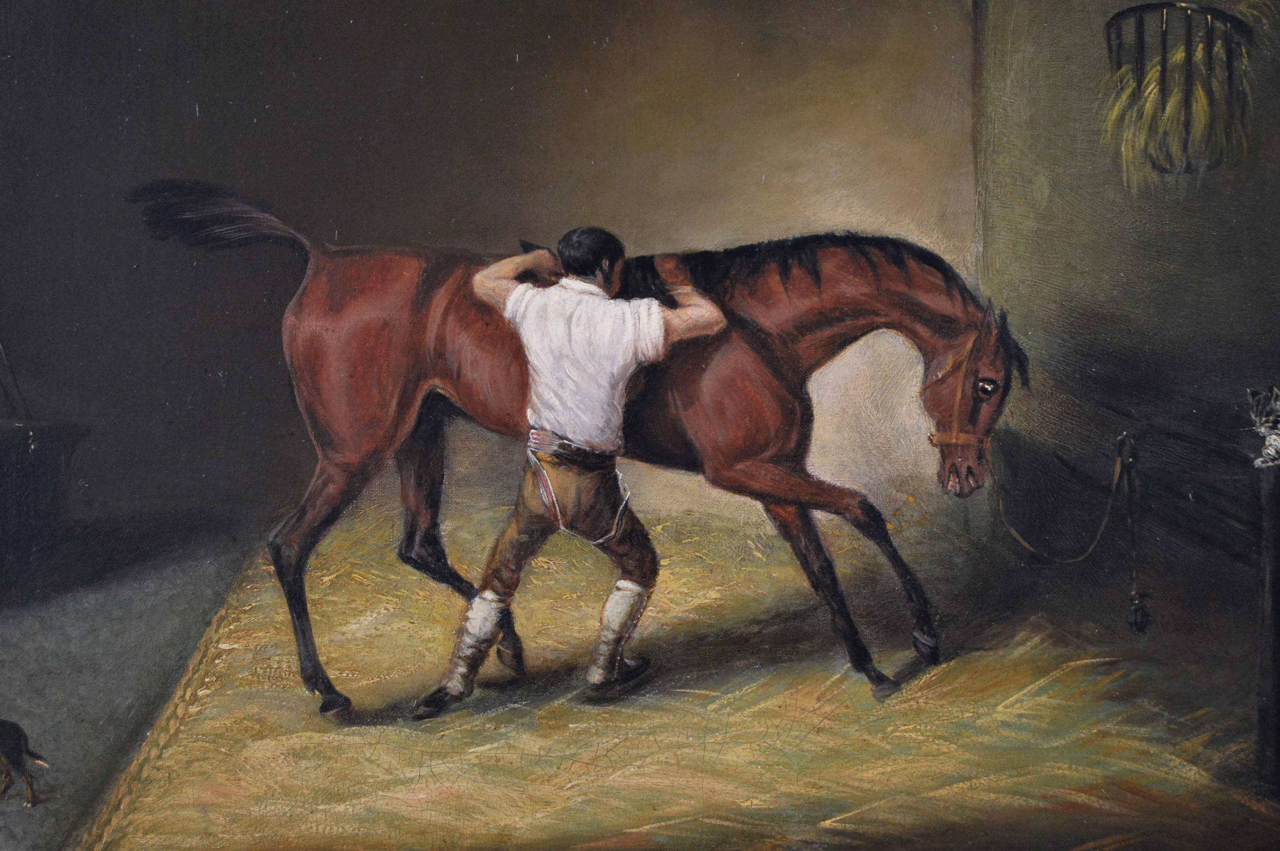 Peinture à l'huile du 19e siècle représentant un cheval et un écusson dans une écurie - Victorien Painting par John Ferneley Junior