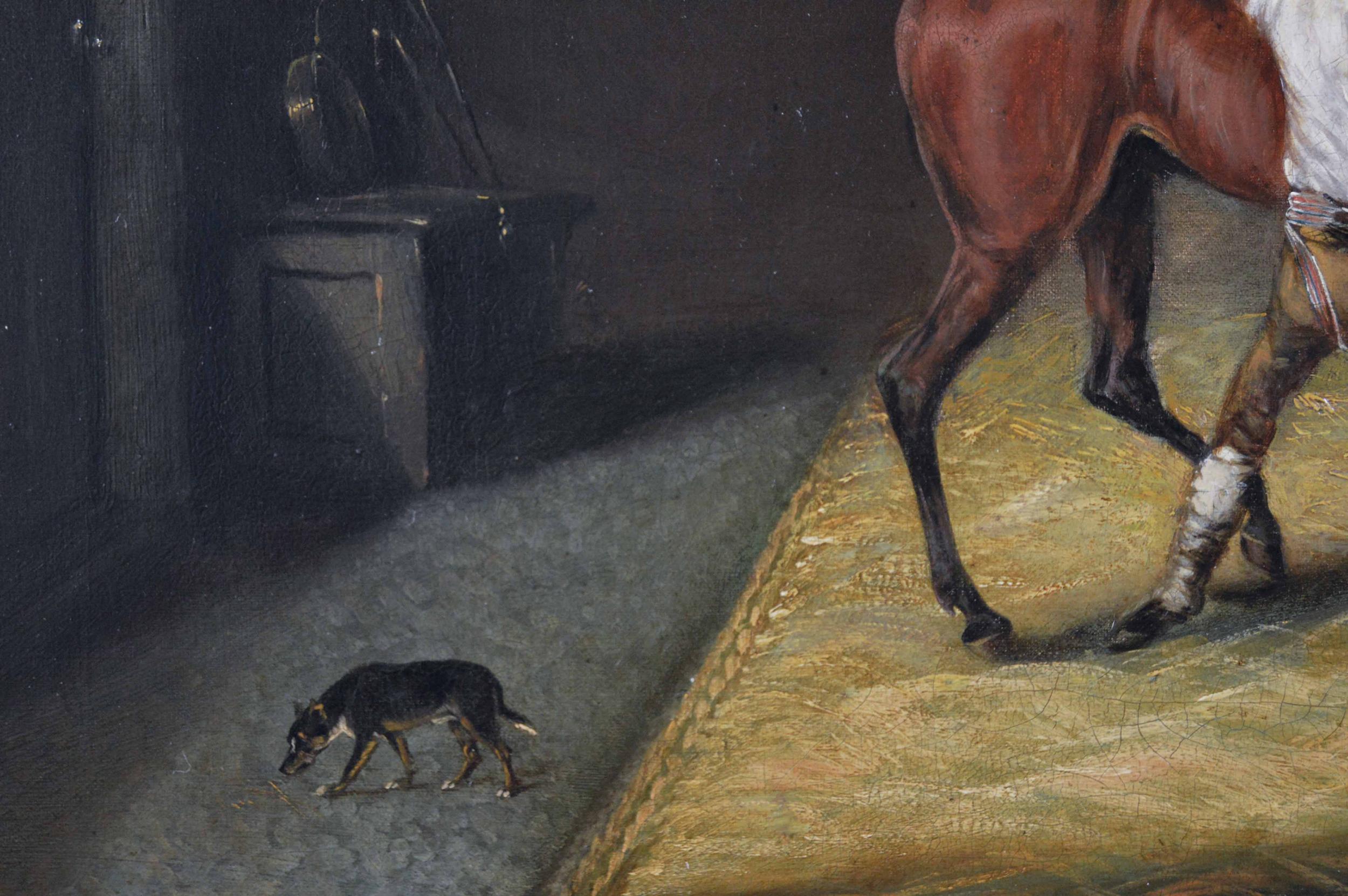 Peinture à l'huile du 19e siècle représentant un cheval et un écusson dans une écurie - Noir Animal Painting par John Ferneley Junior