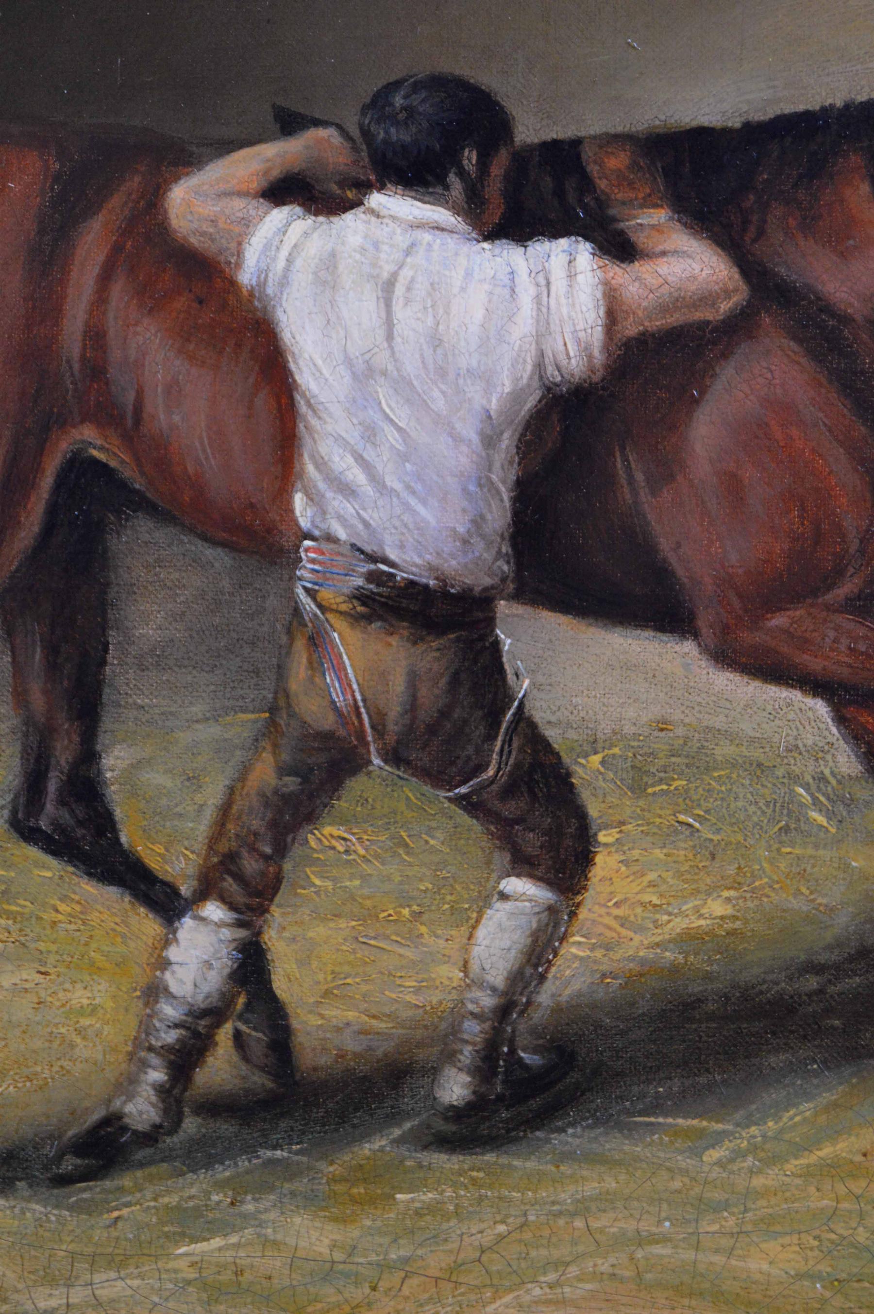 Peinture à l'huile du 19e siècle représentant un cheval et un écusson dans une écurie en vente 1