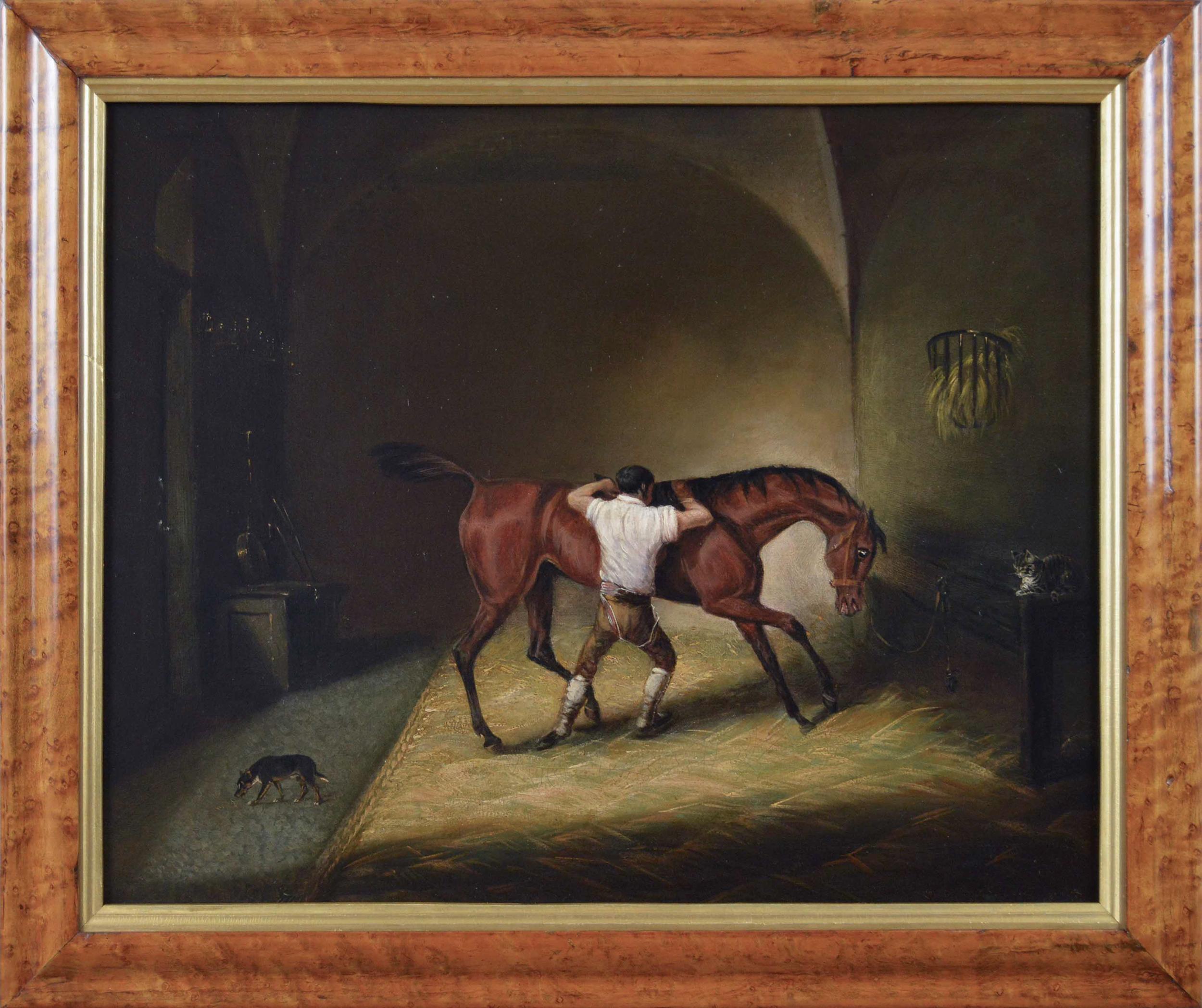 19th Century sporting animal oil painting of a horse & groom in a stable