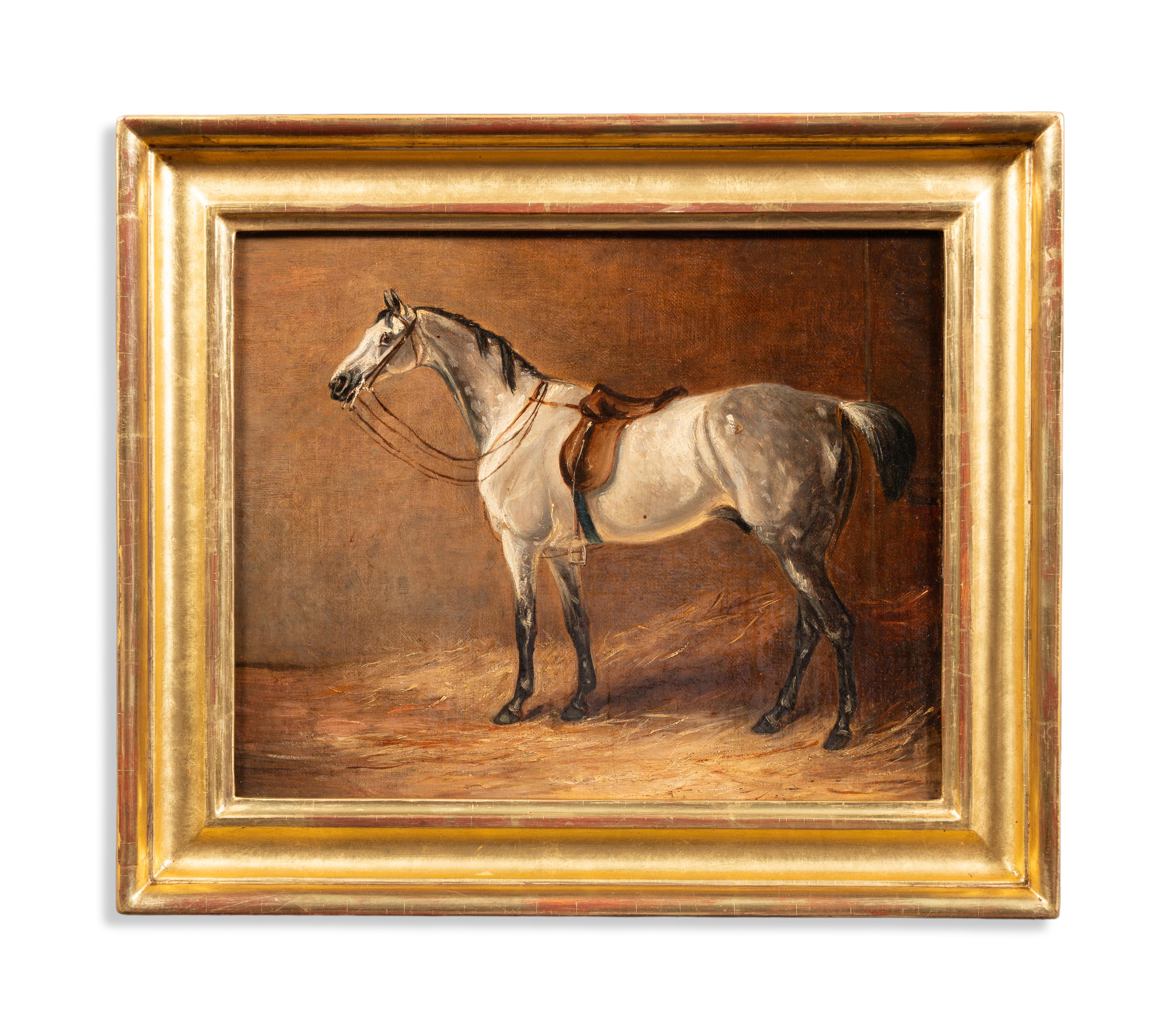 John Ferneley Junior Animal Painting – Ein gesattelter grauer Jäger in einer Loosebox
