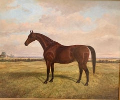 English 19th century portrait of a Horse in a landscape with cottage beyond.
