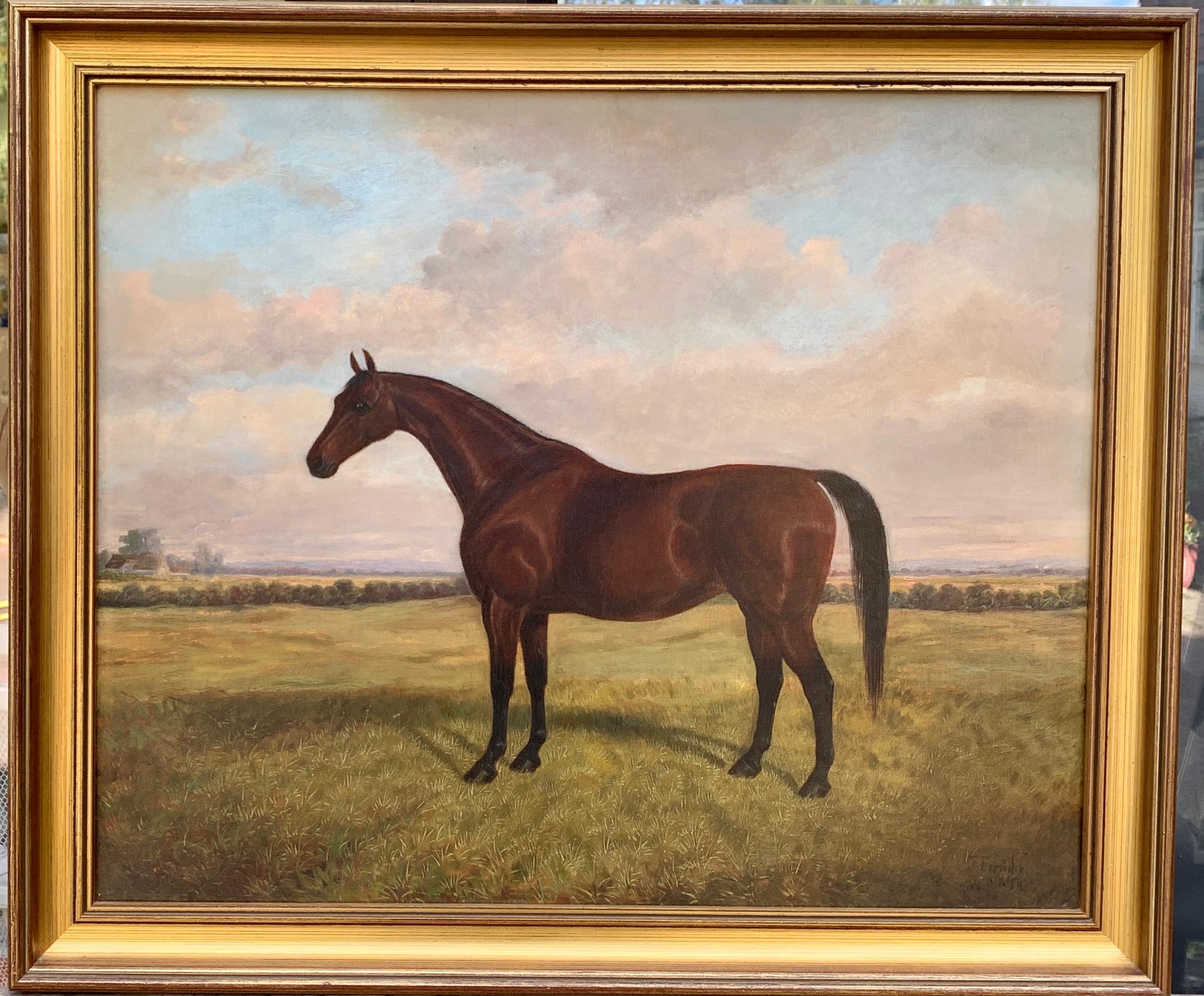 John Ferneley Junior Animal Painting - English 19th century portrait of a Horse in a landscape with cottage beyond.