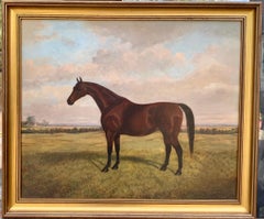 Portrait anglais du 19e siècle d'un cheval dans un paysage avec un cottage au-delà.