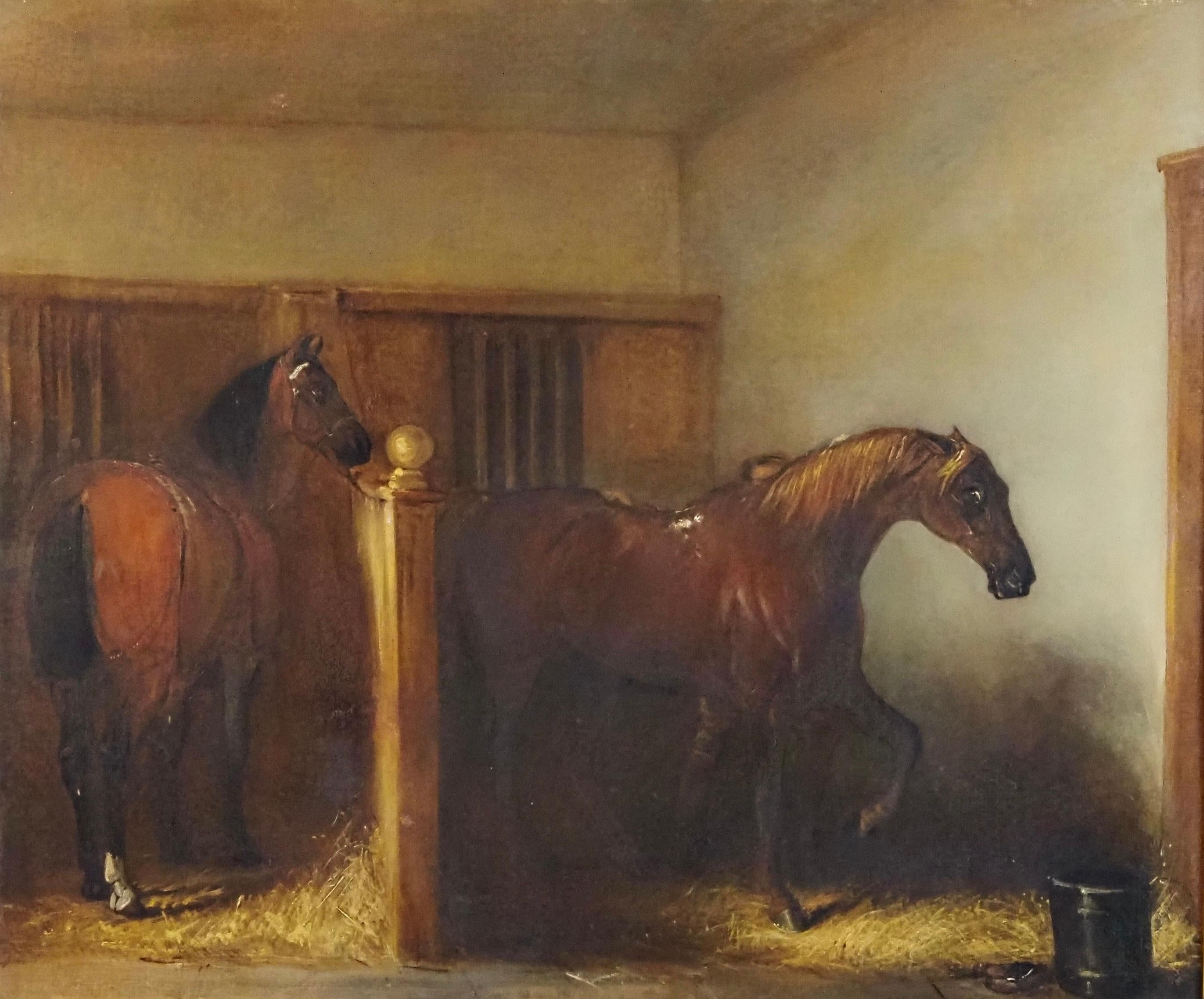 John Ferneley Jnr
Chevaux à l'écurie
Huile sur toile
Taille de la toile - 20 x 24 pouces
Format encadré - 27 x 31 in

Né vers 1815 à Melton Mowbray, il est le fils aîné de l'important artiste sportif John E Ferneley. Les deux autres enfants de ce