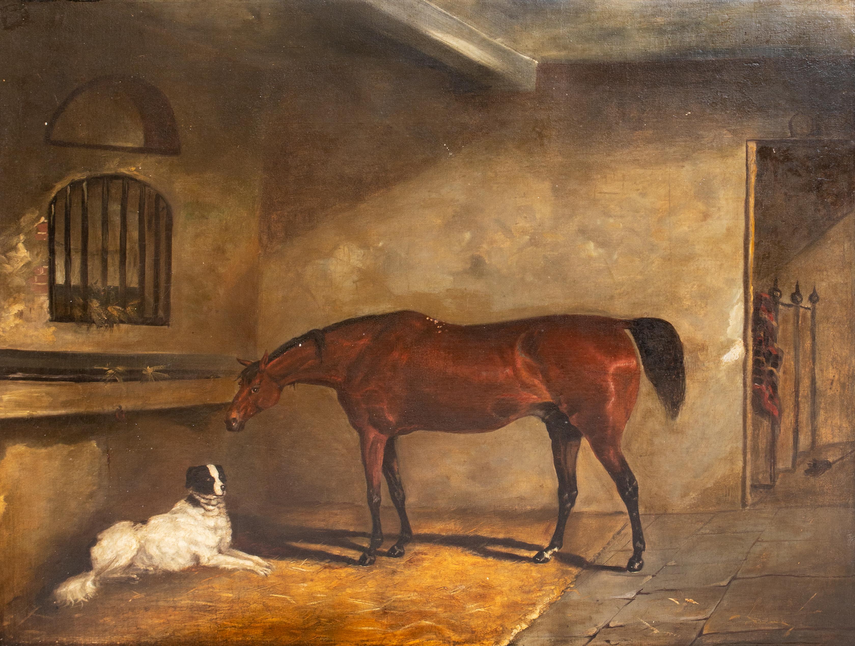 Bay Hunter & Setter Dog In A Stable, early 19th Century   For Sale 1