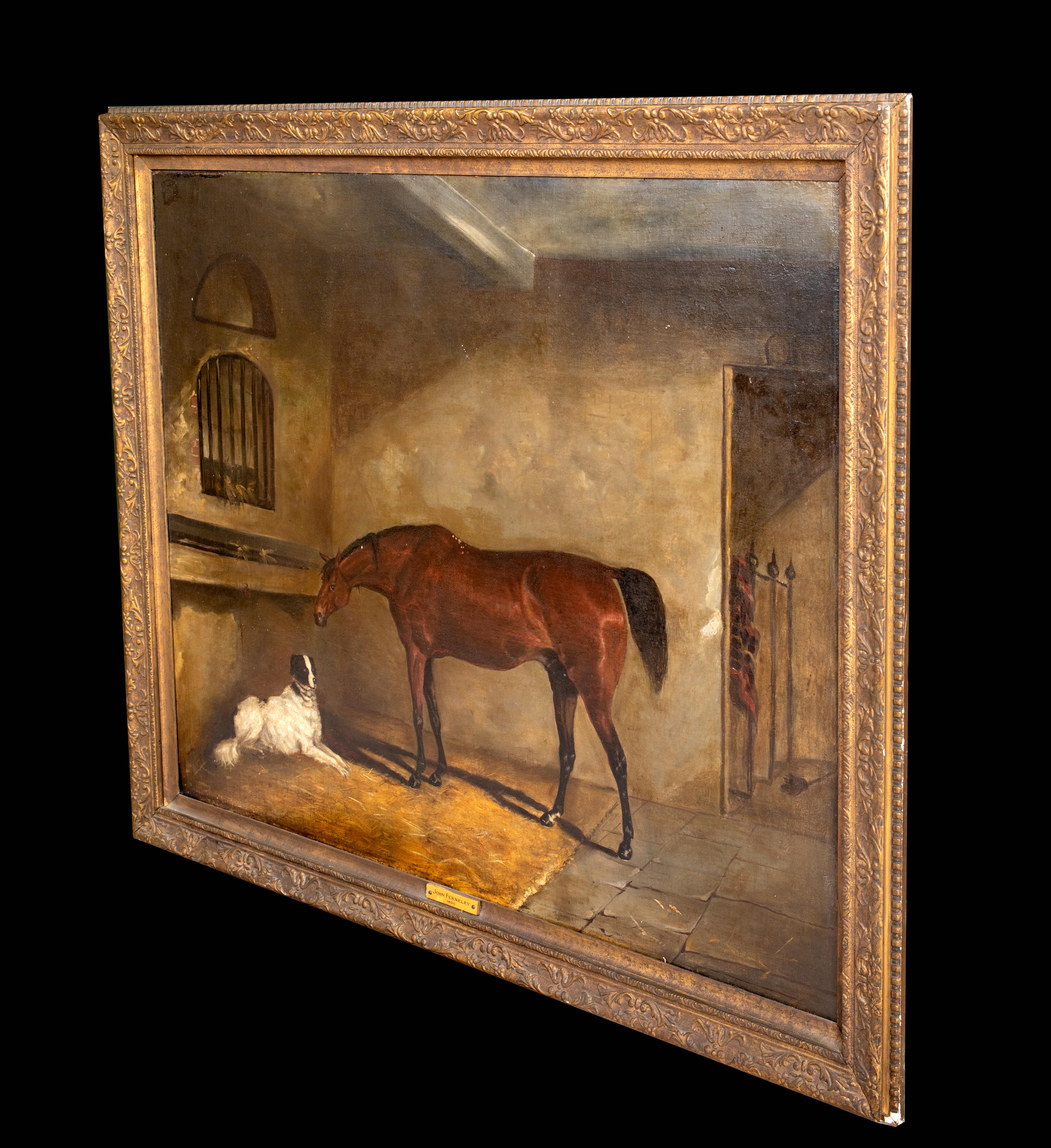 Bay Hunter & Setter Dog In A Stable, early 19th Century   - Painting by John Ferneley Senior