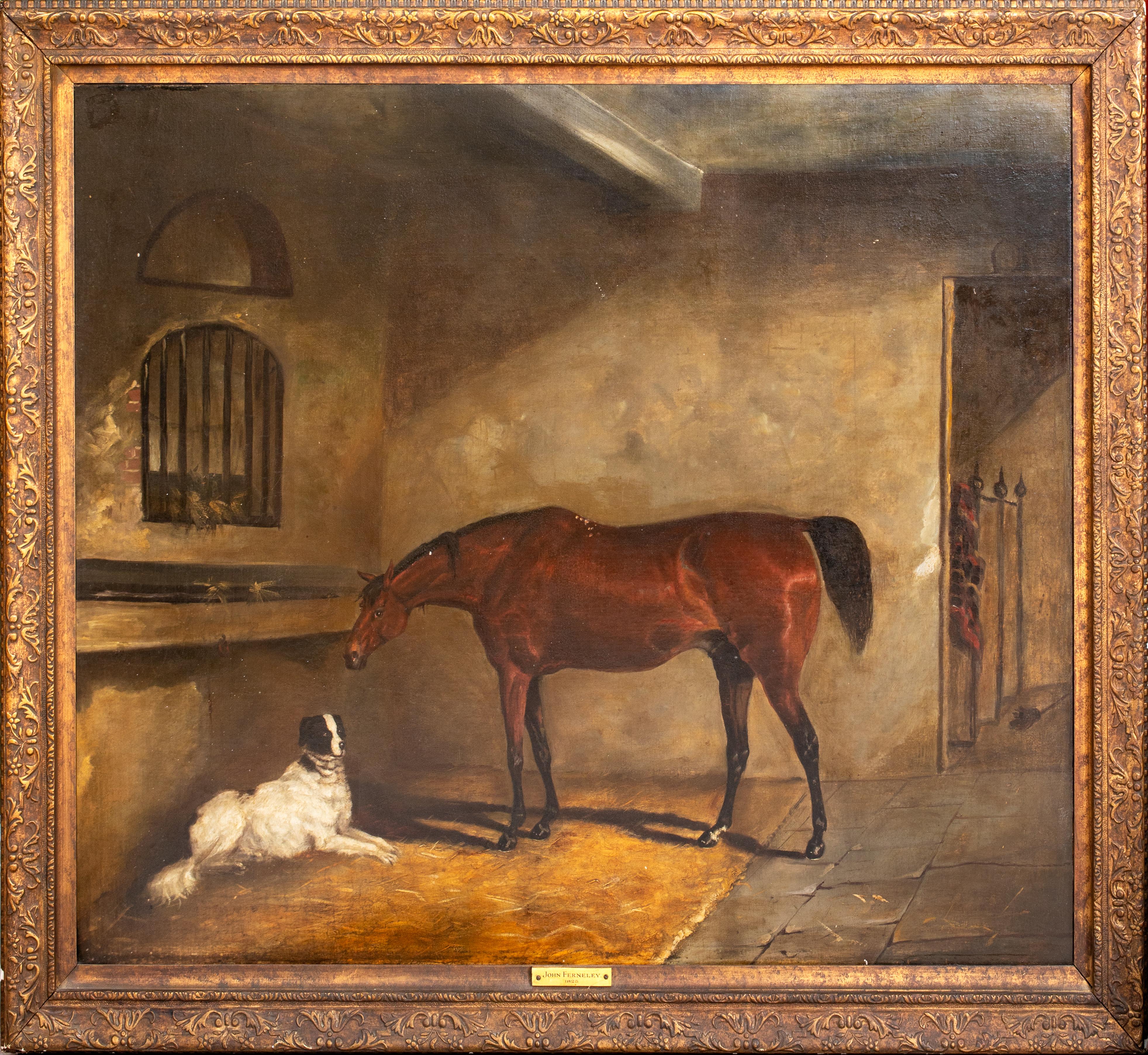 John Ferneley Senior Animal Painting - Bay Hunter & Setter Dog In A Stable, early 19th Century  