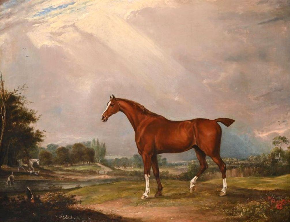 English early 19th century painting of a chestnut hunter in a landscape - Painting by John Ferneley Senior