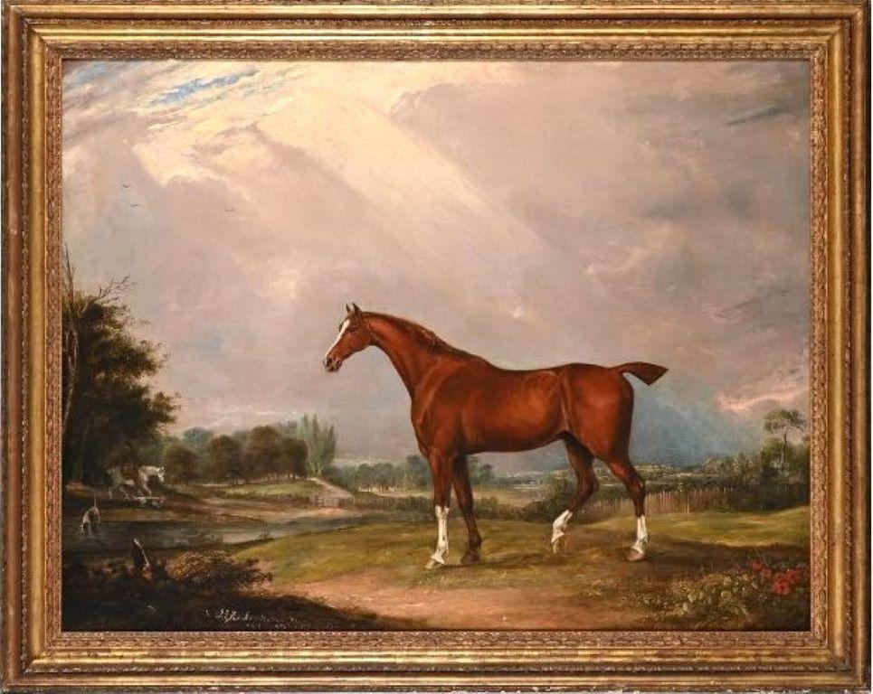 John Ferneley Senior Landscape Painting - English early 19th century painting of a chestnut hunter in a landscape