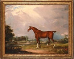 English early 19th century painting of a chestnut hunter in a landscape