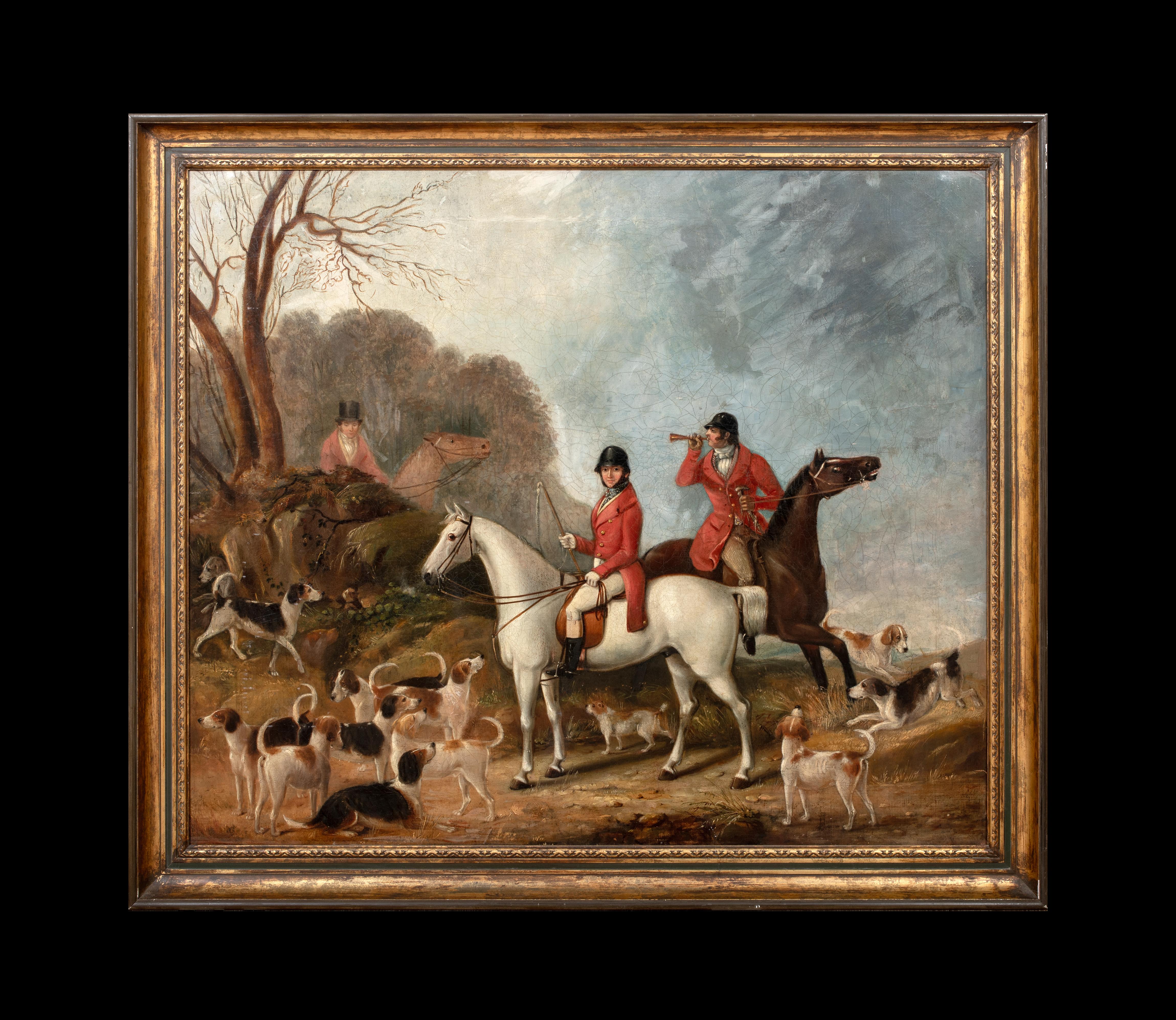 Fuchsjagdgruppe und Foxhounds, 19. Jahrhundert – Painting von John Ferneley Senior