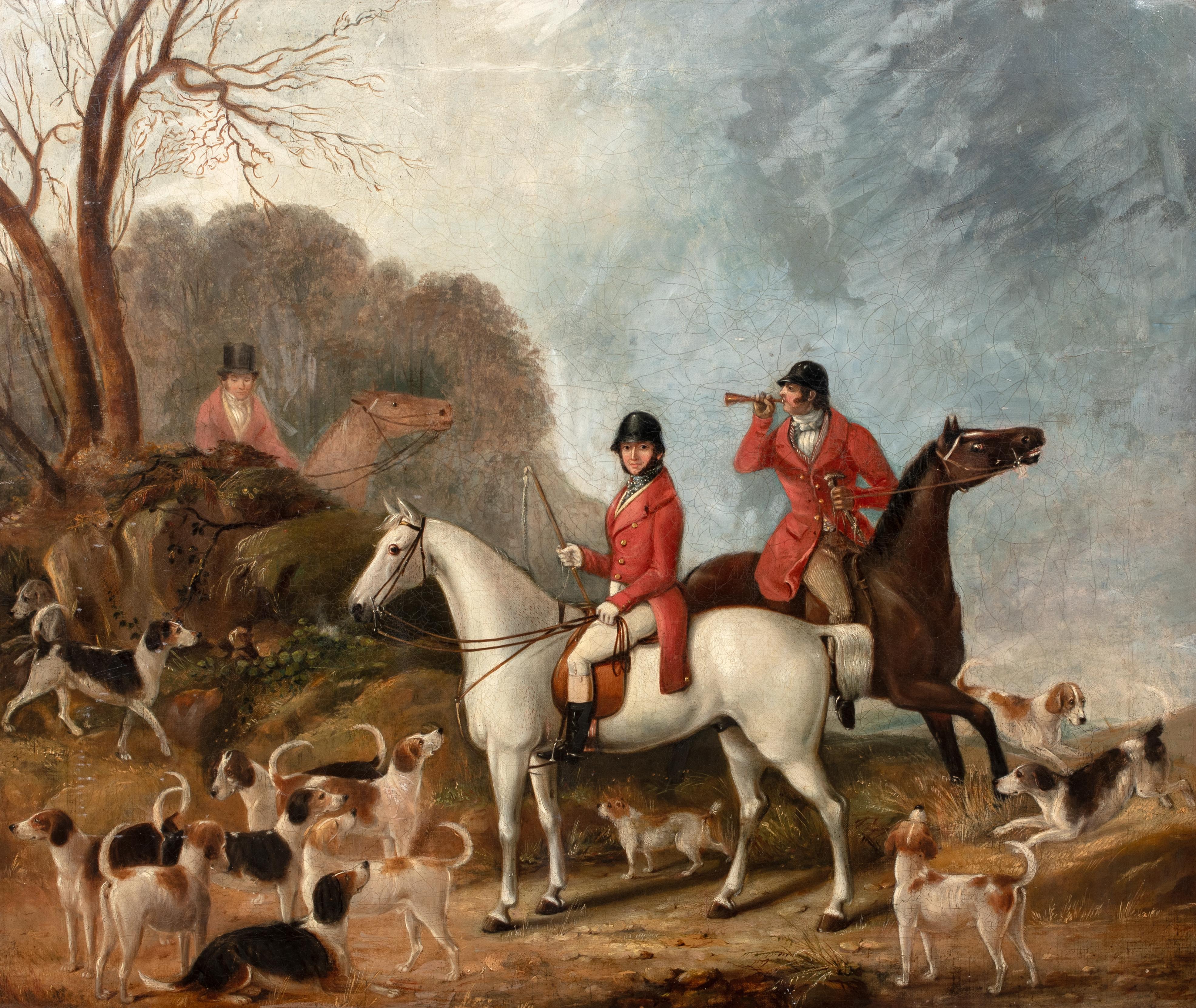 Fuchsjagdgruppe und Foxhounds, 19. Jahrhundert (Braun), Portrait Painting, von John Ferneley Senior