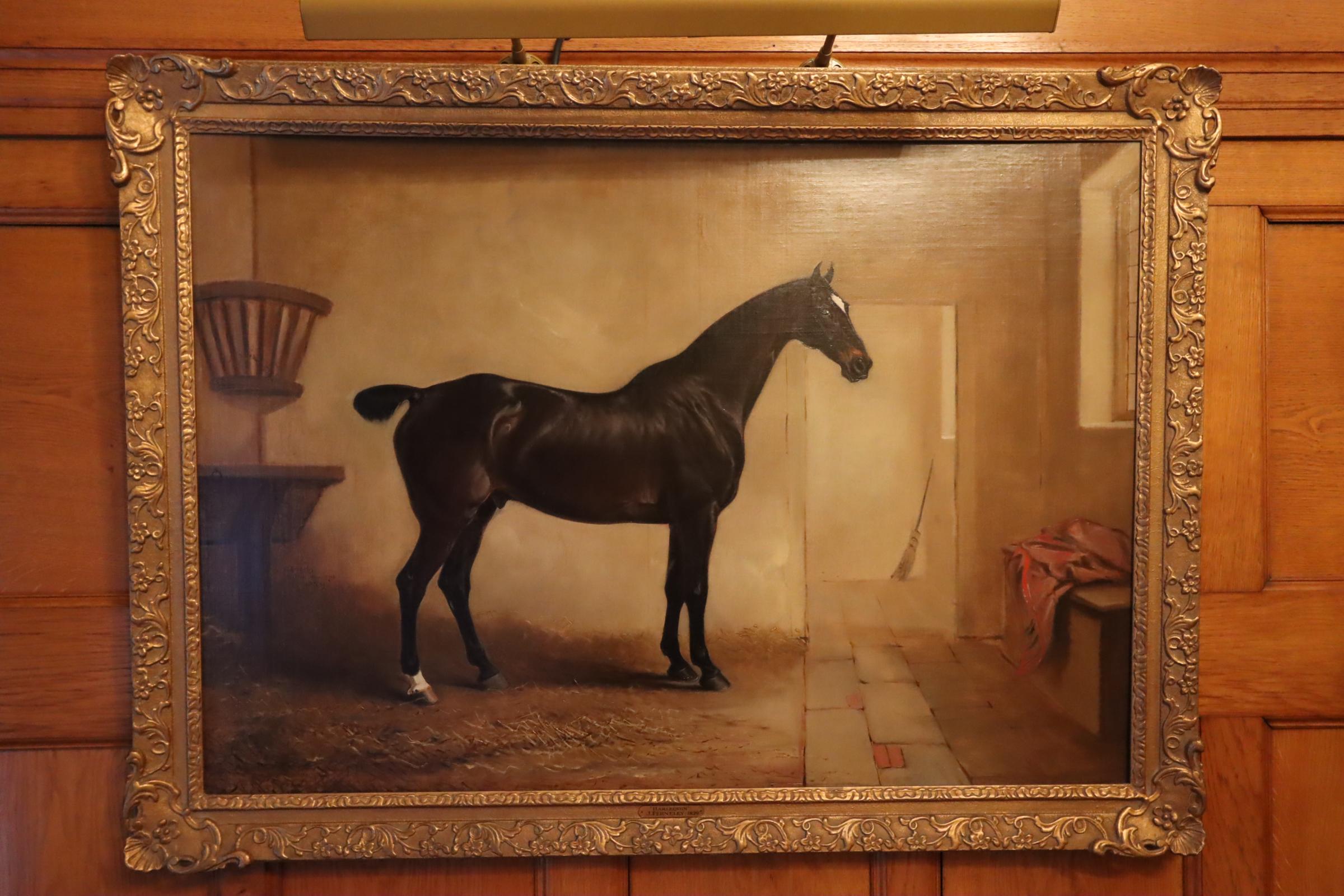 'Harlequin', a dark bay hunter in a stable 1829 - Painting by John Ferneley Senior