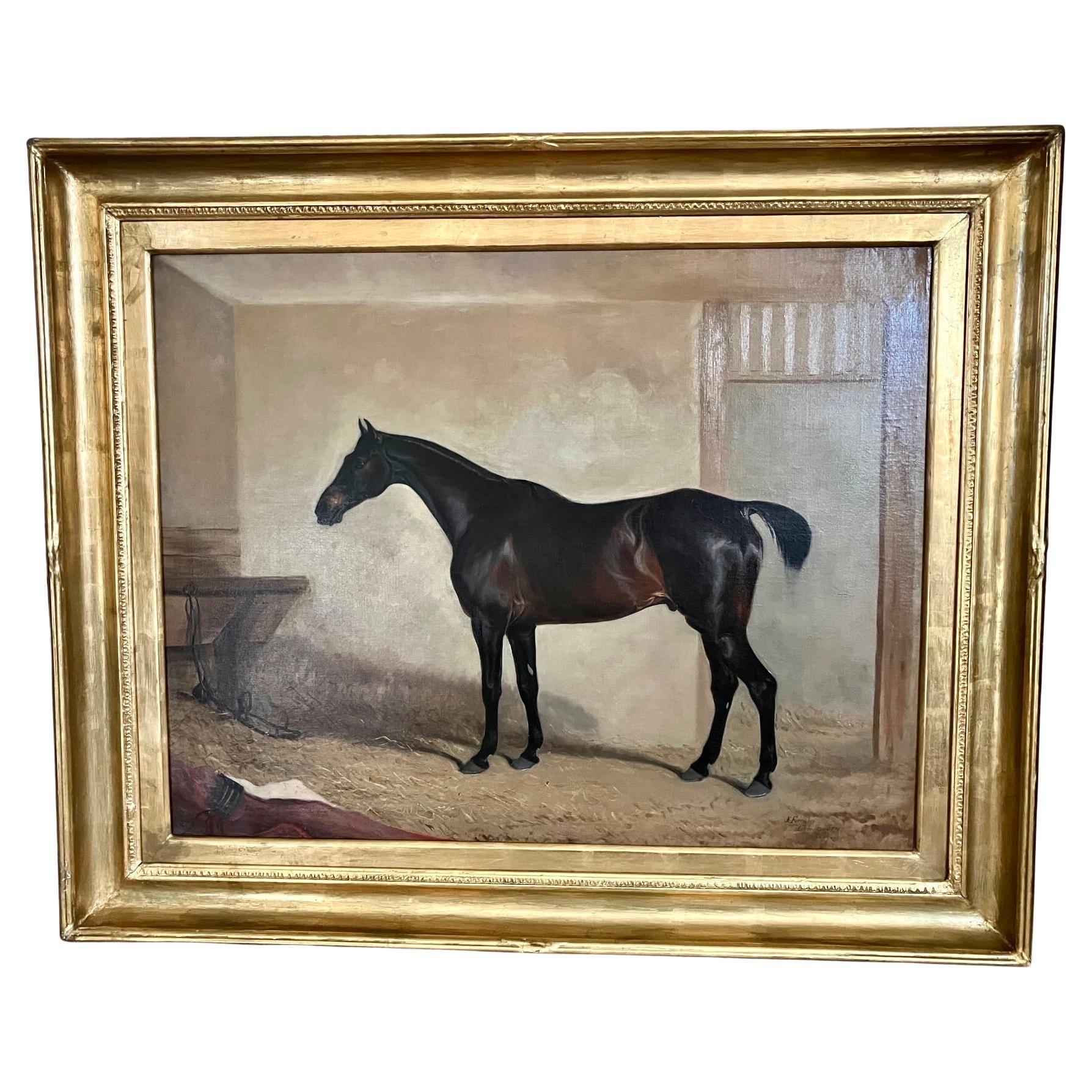 A fine oil on canvas depicting a bay in the stable by the well-known equestrian artist John Ferneley Sr., born in 1782 in Thrussington Leicestershire died in Melton Mowbray, Leicestershire. The painting is signed by the artist, dated 1827 and placed