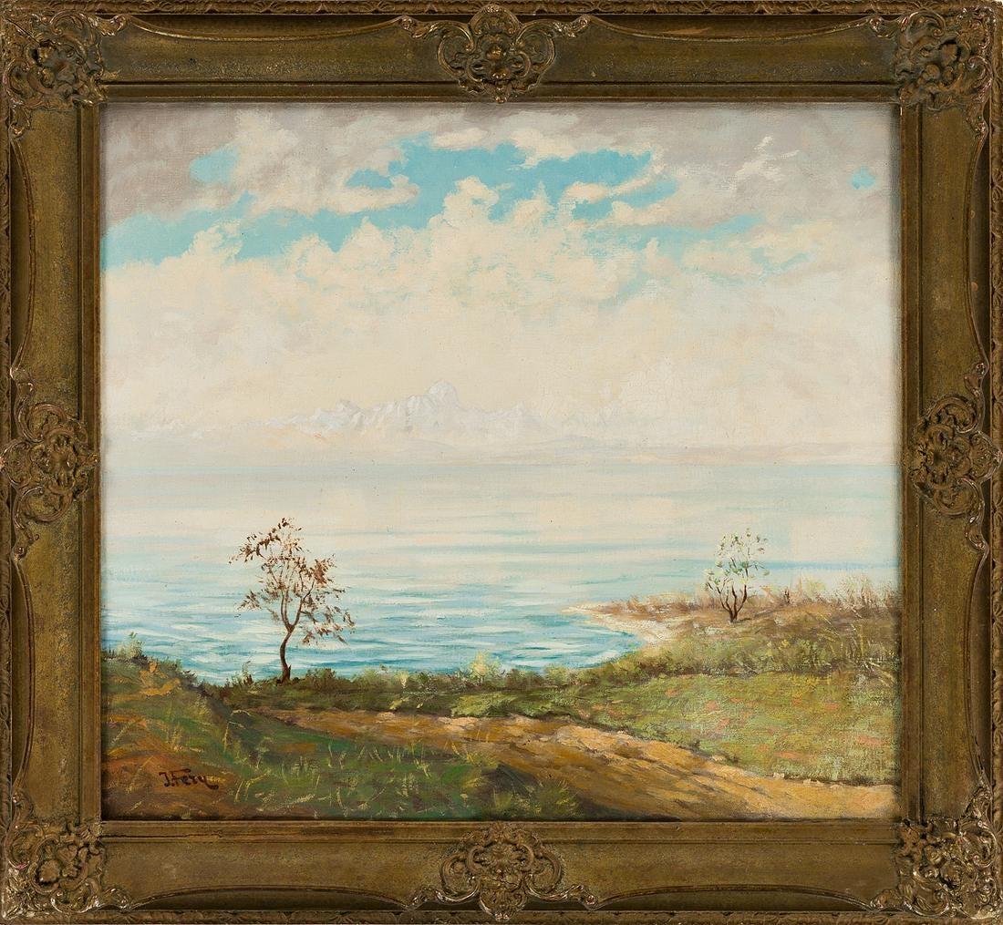 John Fery (1859 - 1934)
Western Lake Landscape, circa 1920
Oil on canvas
21 x 23 1/4 inches
Signed lower left

Provenance:
Private Collection, New York

Born in Austria, John Fery earned a strong reputation for dramatic paintings of western mountain