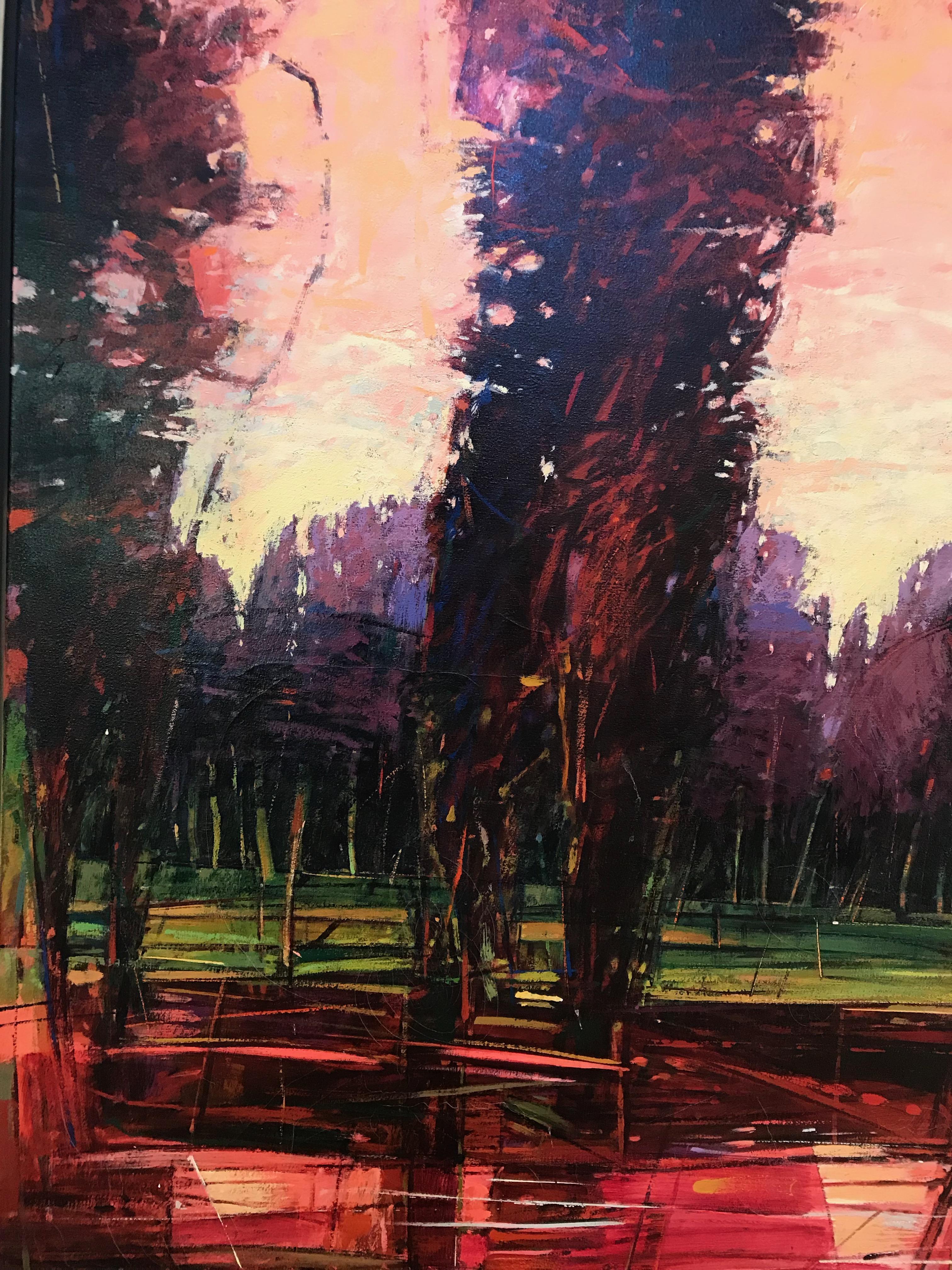 Big Tesuque Poplars, John Fincher, Santa Fe oil on canvas, trees, red, brown 1