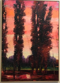 Big Tesuque Poplars, John Fincher, Santa Fe oil on canvas, trees, red, brown