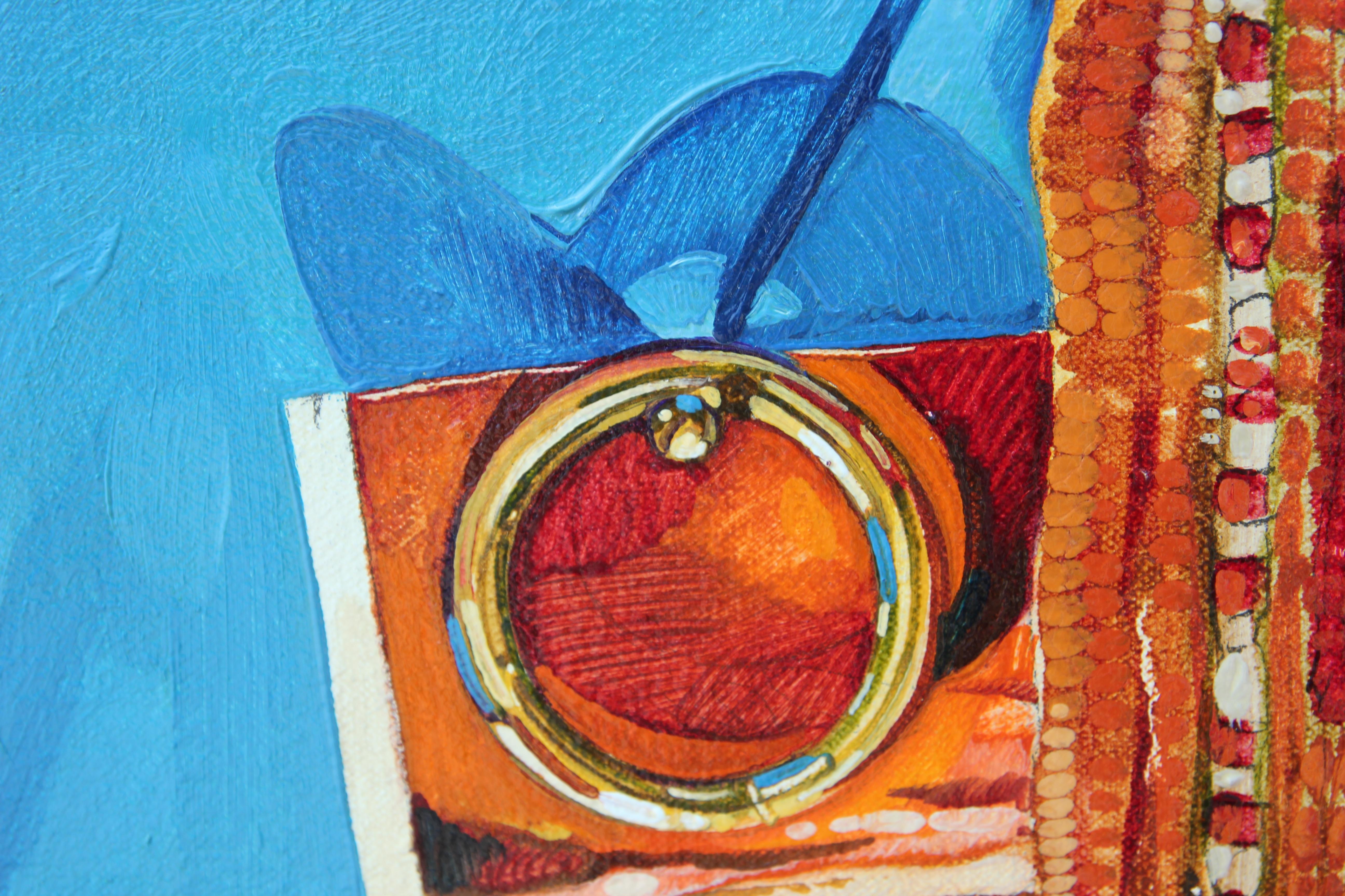 “Rug With Ring” Abstract Realist Blue and Orange Patterned Textile Still Life  - Gray Abstract Painting by John Fincher