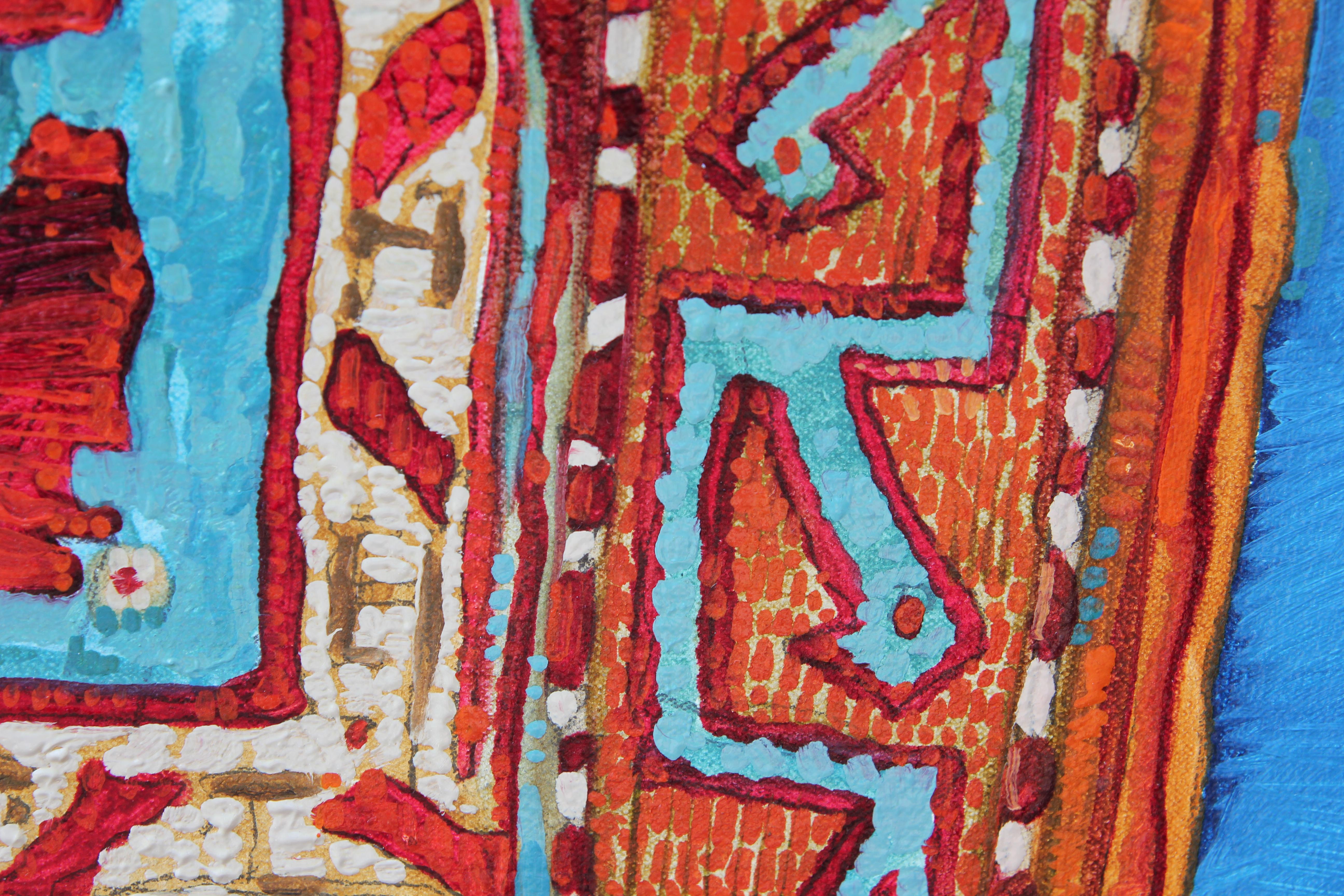 “Rug With Ring” Abstract Realist Blue and Orange Patterned Textile Still Life  For Sale 1