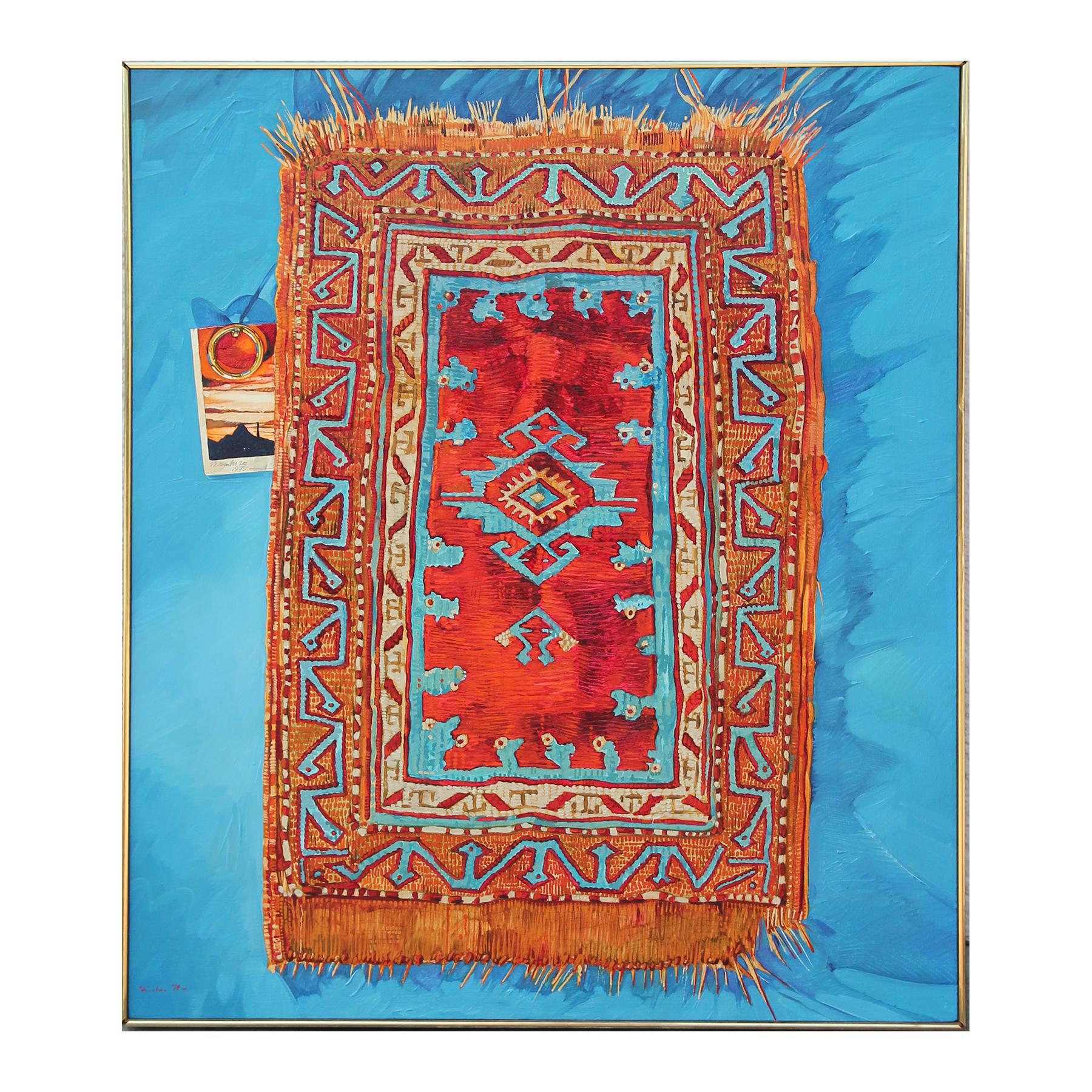 John Fincher Abstract Painting - “Rug With Ring” Abstract Realist Blue and Orange Patterned Textile Still Life 