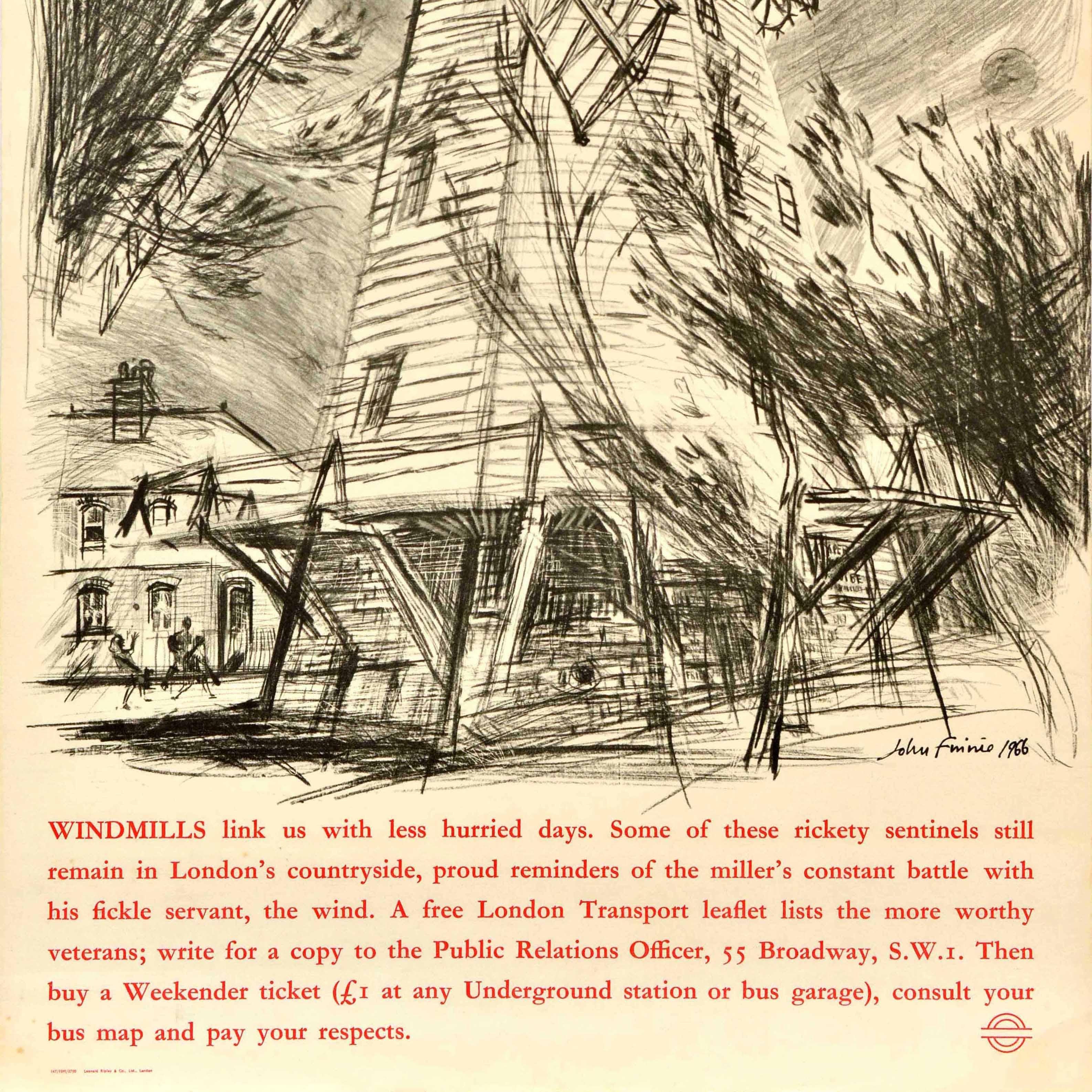 Original Vintage Travel Poster Windmills John Finnie London Transport UK Country For Sale 2