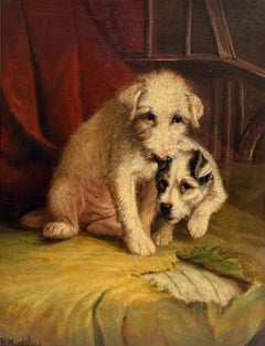 Antique English Dog Oil Painting Terrier & Naughty Puppy Framed 19th century