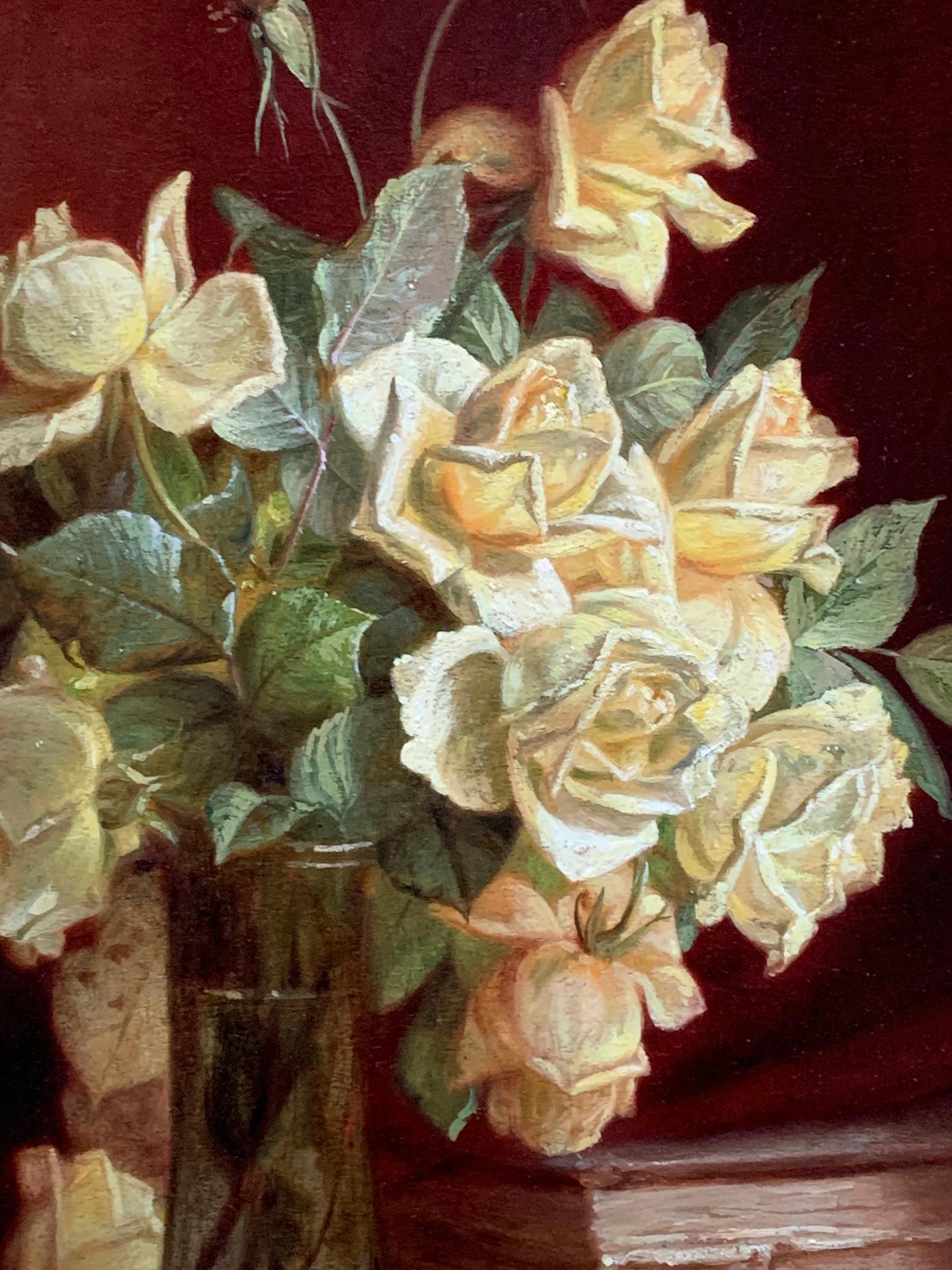 English 19th century Antique Still life of Yellow Roses/flowers in an interior - Painting by John Fitz Marshall